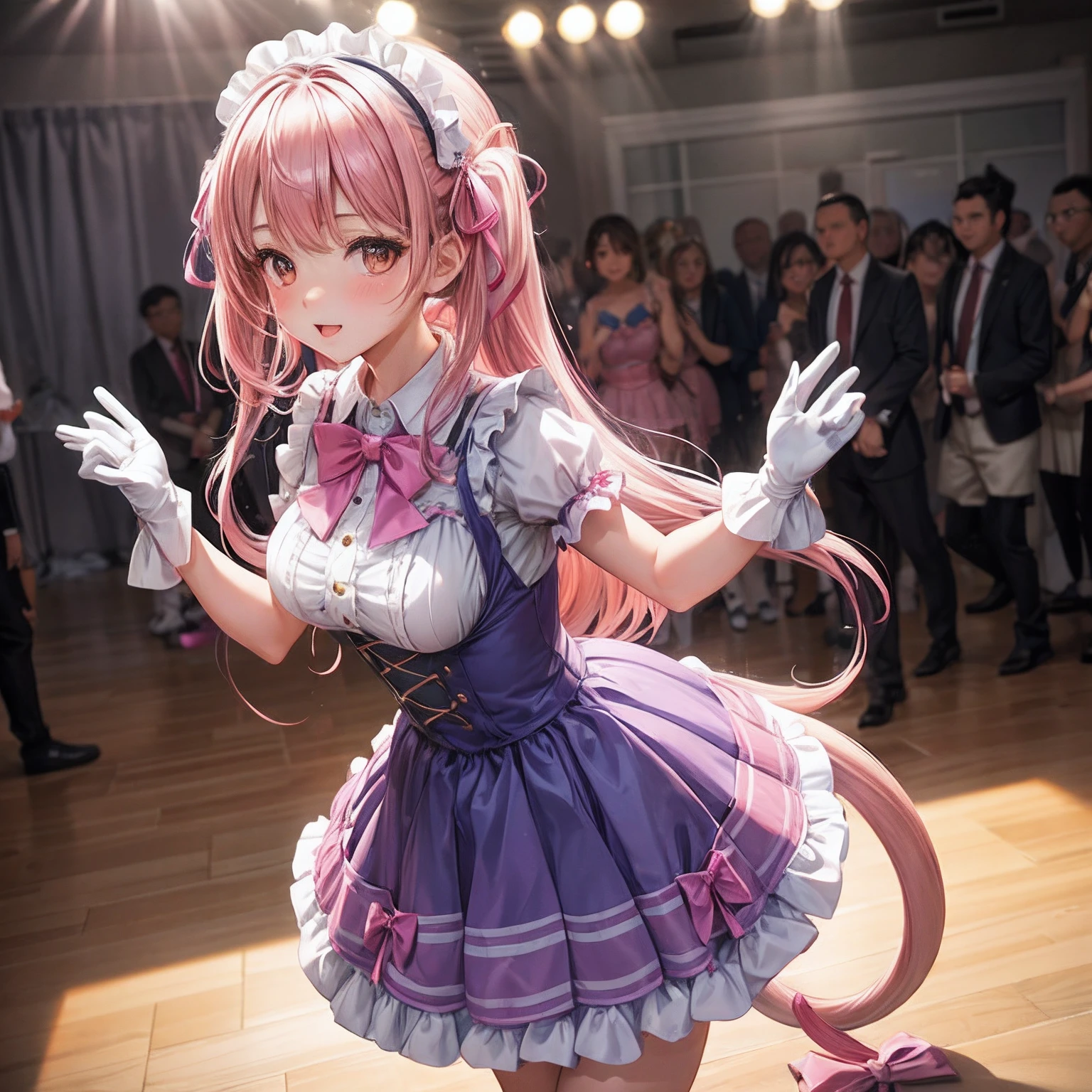 Cute Girl, Lolita Girl, Photo stand, Facing each other., viewer look., Two-tailed long hair, Pink hair tie bow, Brown eyes, Blue dress, full entire body, stand, White gloves, mediuml breasts, Dance rehearsal room, Light purple backlight