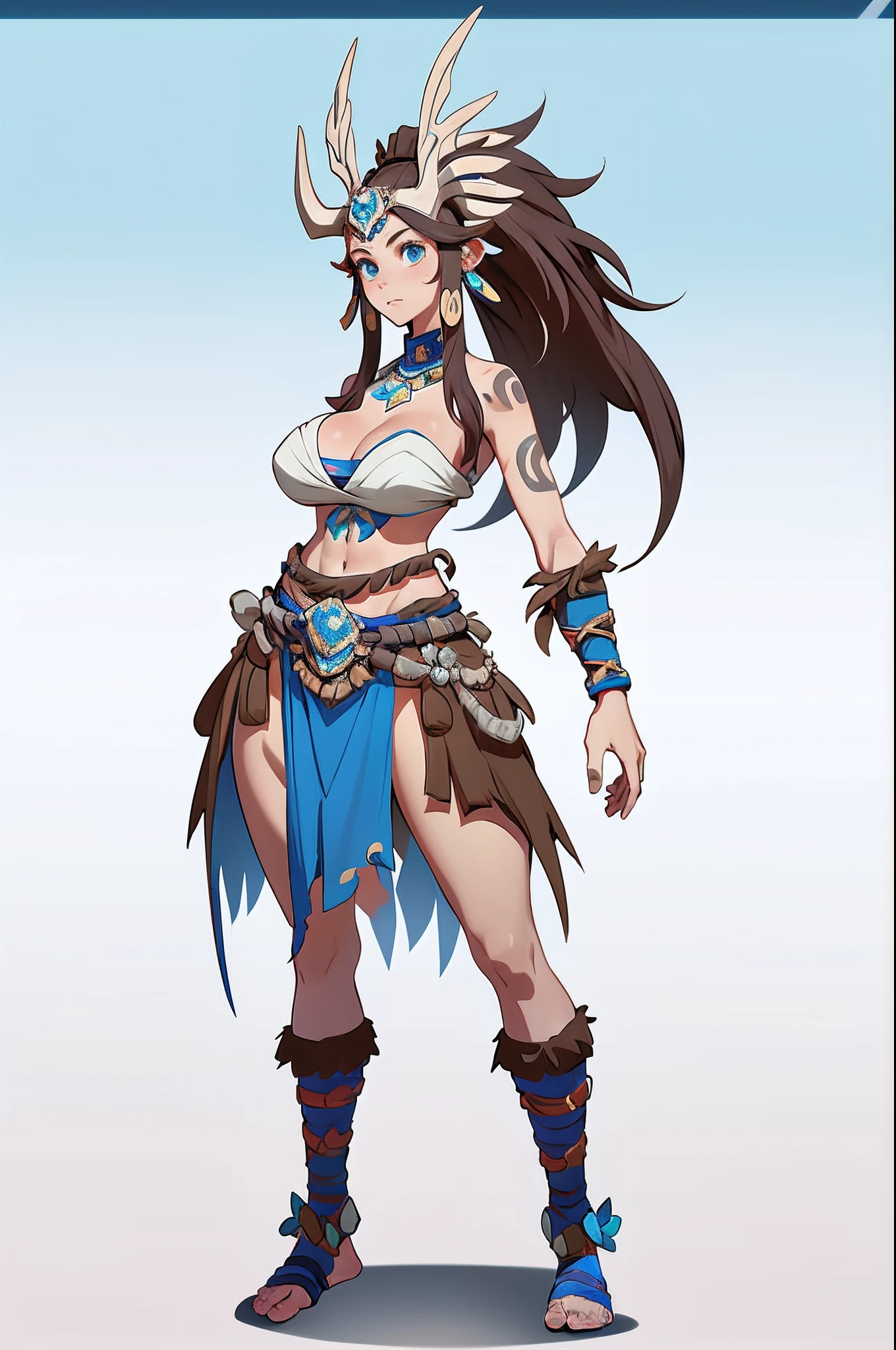 1个Giant Breast Girl、blue attire、sea shell、独奏，full bodyesbian，European and American cartoon design，Primitive tribal elements，standing on your feet，white backgrounid，Magical fantasy design，character concept design，Beautiful face and eyes，tmasterpiece，best qualtiy，Best resolution，high definition detail