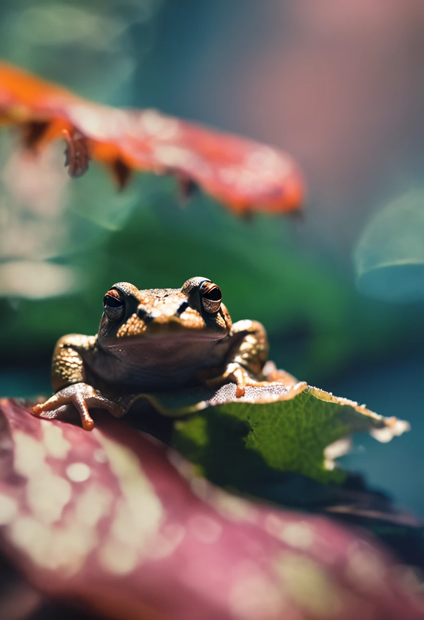 microcosm , Masterpiece , macro photography , cobweb, filmgrain, Bokeh , Smoke , Highly detailed, Sunny Sunny weather, Microflower, The drops, bblurry, Close up of 1 realistic frog sitting on lotus leaves：1.5, Azure background, subdued contrasts, rendering by octane , illusory engine