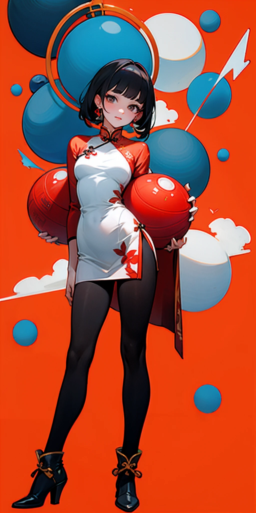 Red cheongsam,Standing beauty,quadratic element,Double ball head