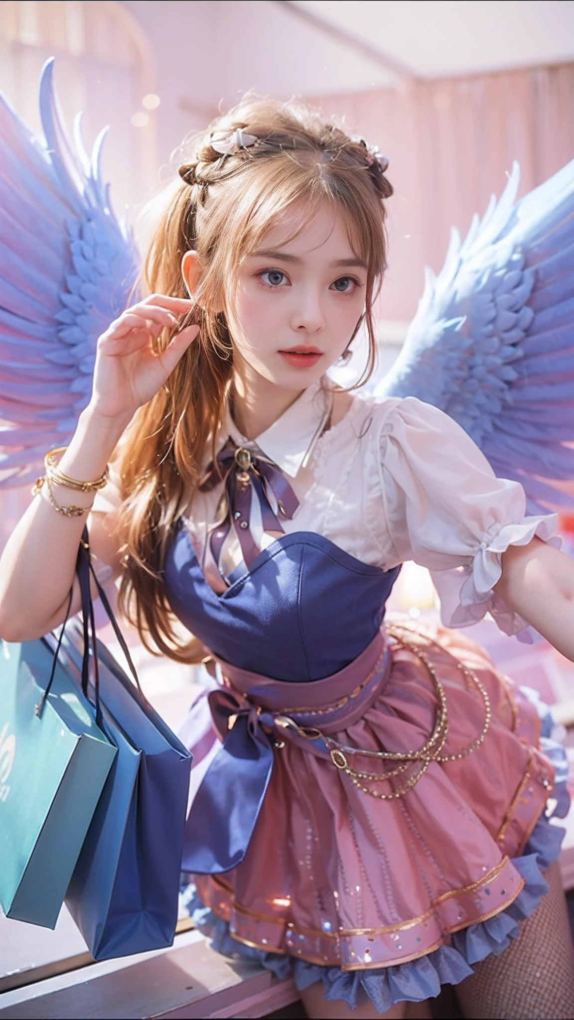 (8k, best quality, masterpiece:1.2), (realistic, photo-realistic:1.37), realistic fingers, ultra-detailed, detail fingers, A detailed portrait of 1 girl 21 year old, winged like an angel, beautiful dress, heaven vibes, beautiful girl, british girl, pale skin, perfect body, blue eyes, pink hair. The scene is illuminated with professional lighting, photon mapping, and radiosity, with Tetsuya Nomura Style. Blur bokeh effect, realistic light.