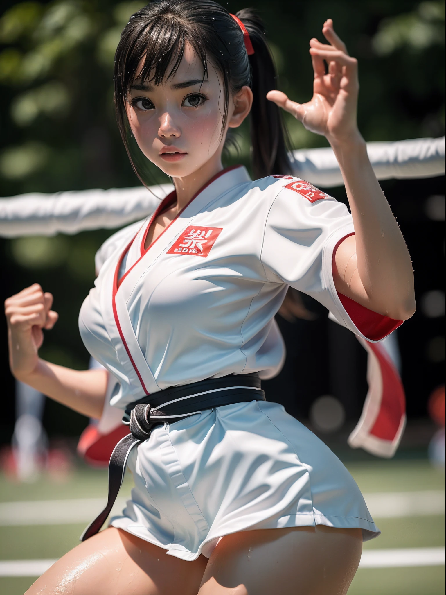 (8K, Raw photo, Best Quality, masutepiece:1.2), (Realistic, Photorealsitic:1.37),1 girl,Cute, (Solo),A detailed face, Dramatic Angle,
,Karate Uniform white Kimono,Look away,Sporty,Wet skin,Sweat,Large breasts,Nice Legs,karate Match venue ,