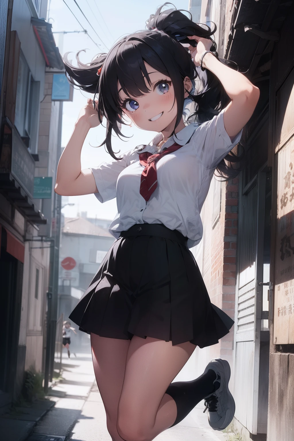 official art, unity 8k wallpaper, Super detailed, masterpiece, highest quality, (very detailed),(Raw photo,highest quality),(realistic,Photoreal:1.3),dynamic angle, fire glow effect, professional lighting, side light, cinematic light, ultra high resolution,best shadow, particles of light, Fine skin texture, detailed face, intricate details, Super detailed, shine,full body, masterpiece, royal background,beautiful face,blurred background,28 year old beautiful girl,shiny skin,thin,nice companion,delicate body、thin legs,beautiful black dress,black gloves, black thighhighs, white panties,sweaty,during the day,((Skirt flips up:1.2)),NSFW,sleeveless,tight clothes,Clothes sticking to the body,((chest expansion)),Extremely short mini skirt,raise one leg, Real World, Natural light,perfect Natural light,looking at viewer,