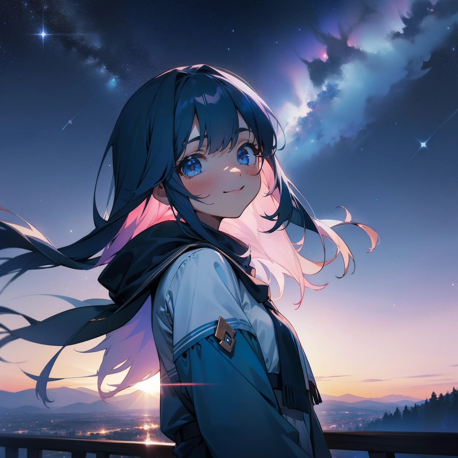 Shyness a smile girl with View Viewer midnight Beautiful starry sky