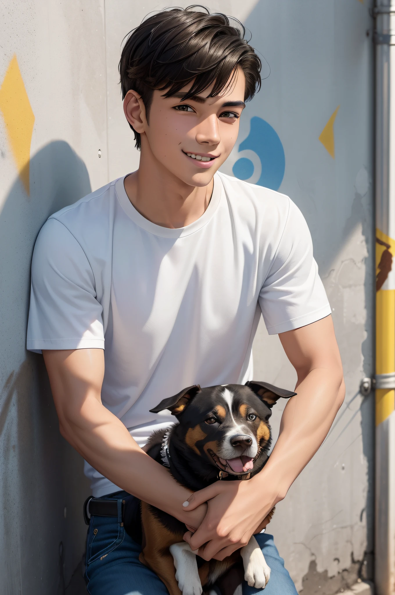 Best Quality, 超A high resolution, 12year old, One boy and a white puppy, White Jack Russell, Solo, Short black hair, Black eyes, Black shirt, denim pant innocent smiles Street, (Externally expanded Chest: 1.2) On a hill with a view Cityscape with beautiful sunset Red-collar puppies real looking skin Beautiful expression in mountains Wear an Aloha shirt Long pants in denim only on the right leg