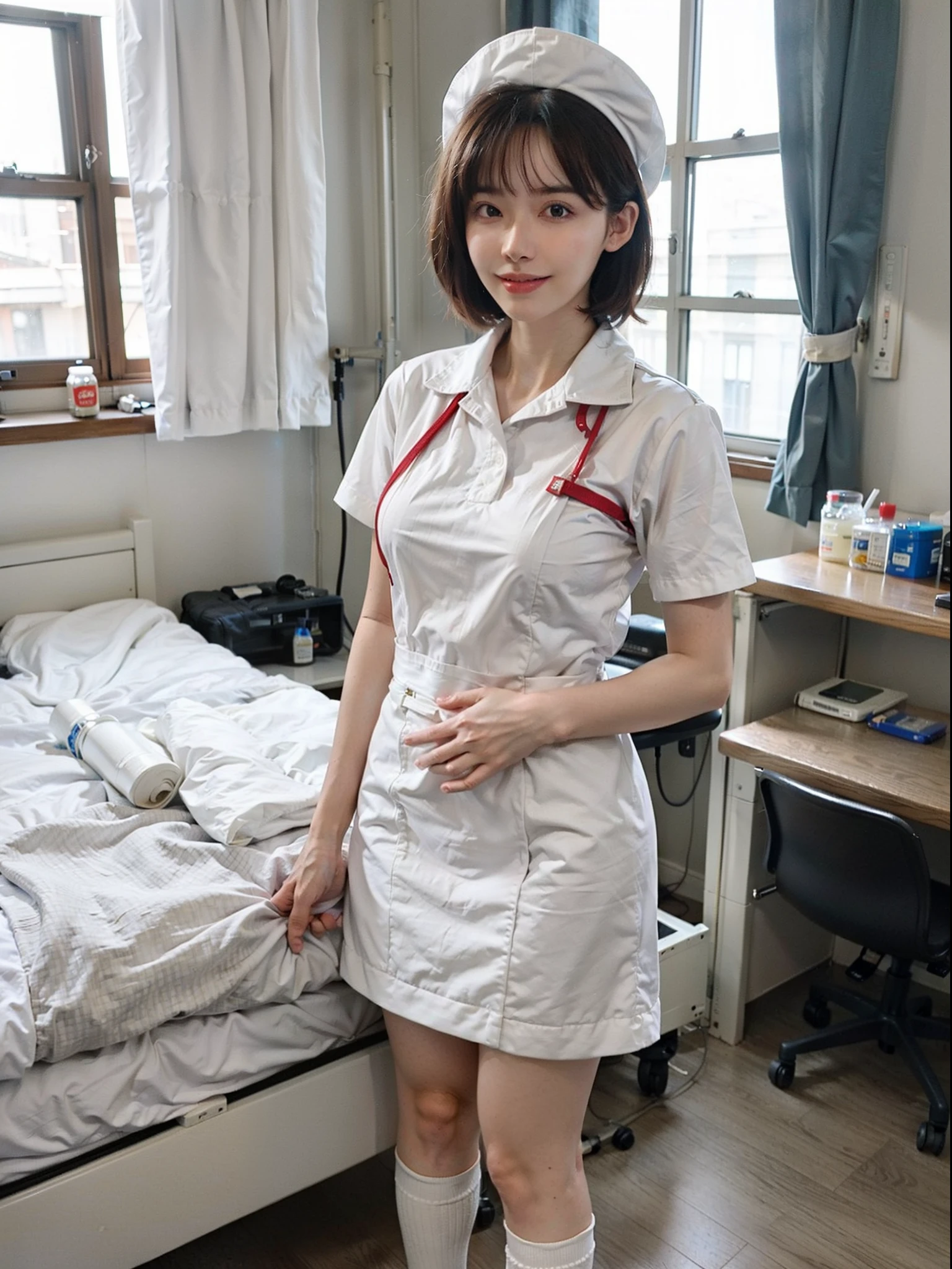 Masterpiece, Best quality,1 girl standing by the window，Nurse, White uniform, White dress, nudegirl，White stockings， Long white stockings, White shoes, Nurse hat, Protective equipment, mitts, Smiling, caring, hospitals, clinic, The nurse stands by the bed, Treatment room, Medical equipment, supplies, supplies, hospital bed, monitor, drugs, surgical mask,