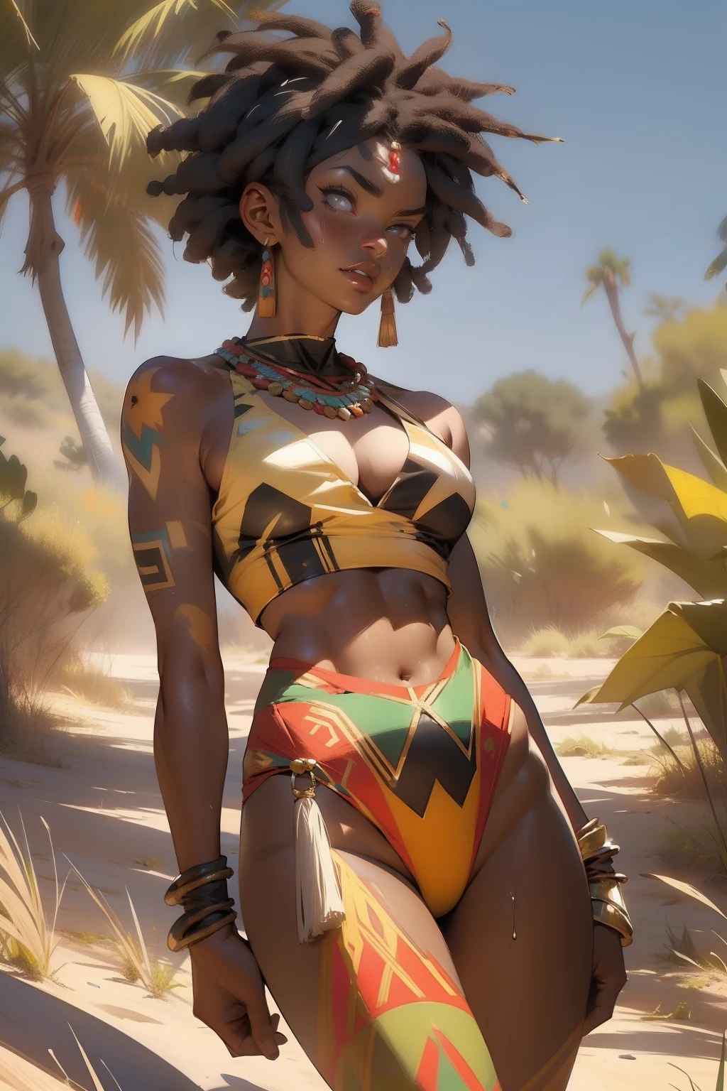 (((absurdists))), (((best quality))), (((masterpiece))), muscular 35-year-old African woman, Zulu warrior, war paintings by body, perfect and proportionate body, black-skinned savanna warrior wearing very few clothes and many necklaces and adornments by the body, tiny bikini made of African beads, holding a spear and walking through the savannah, dry vegetation, lots of heat, she is sweaty and her black skin glows under the scorching African sun