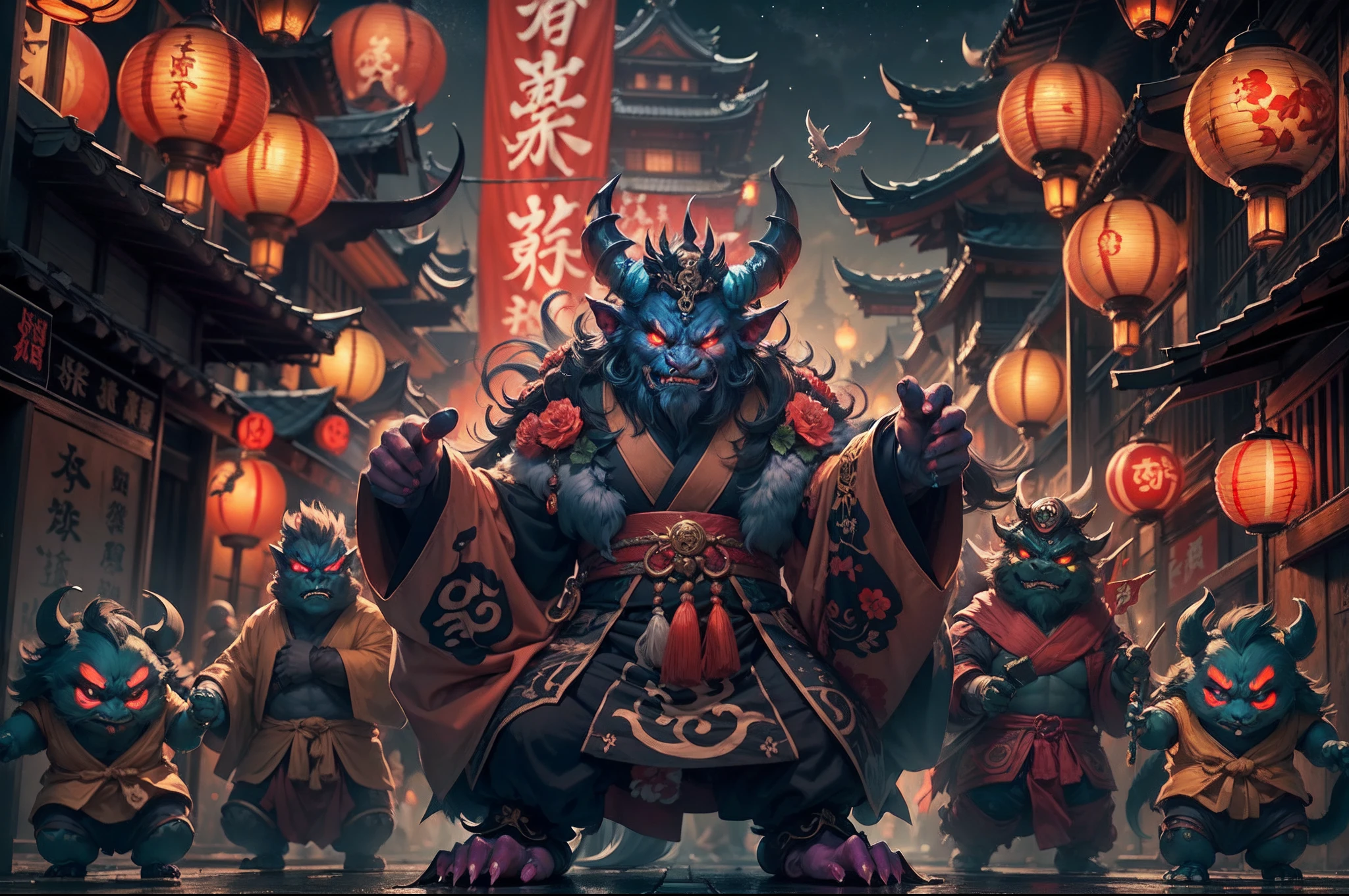 Night parade of One Hundred Demon, flawless and fantastic, image featuring a pair of different kinds of mythical creatures including , orges, oni, tengu, kappa, faceless , kappa, (vibrant color), masterpiece, ultra 4k wallpaper, in the night, they are parading through a japanese style street filled up with lantern