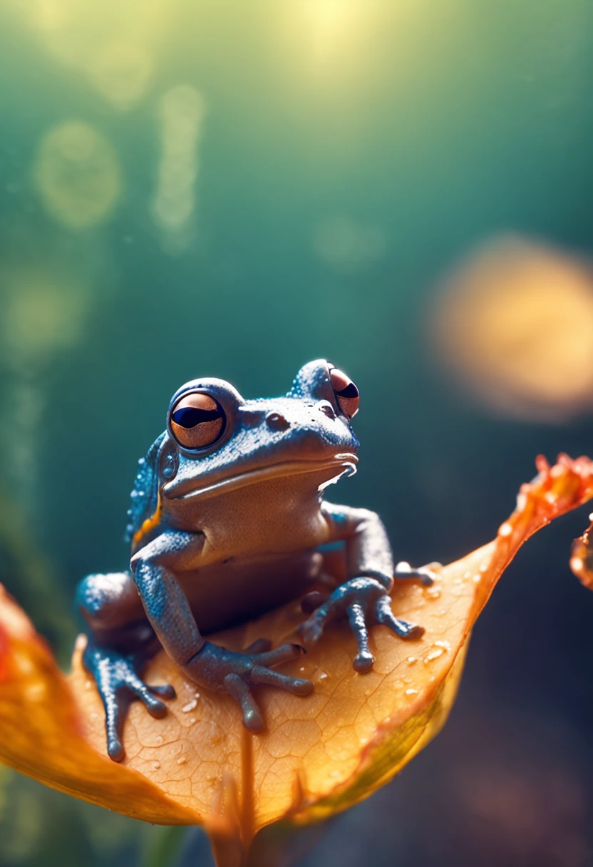 microcosm , Masterpiece , macro photography , cobweb, filmgrain, Bokeh , Smoke , Highly detailed, Sunny Sunny weather, Microflower, The drops, bblurry, Close up of 1 realistic frog sitting on a lotus leaf:1.5, Azure background, subdued contrasts, rendering by octane , illusory engine