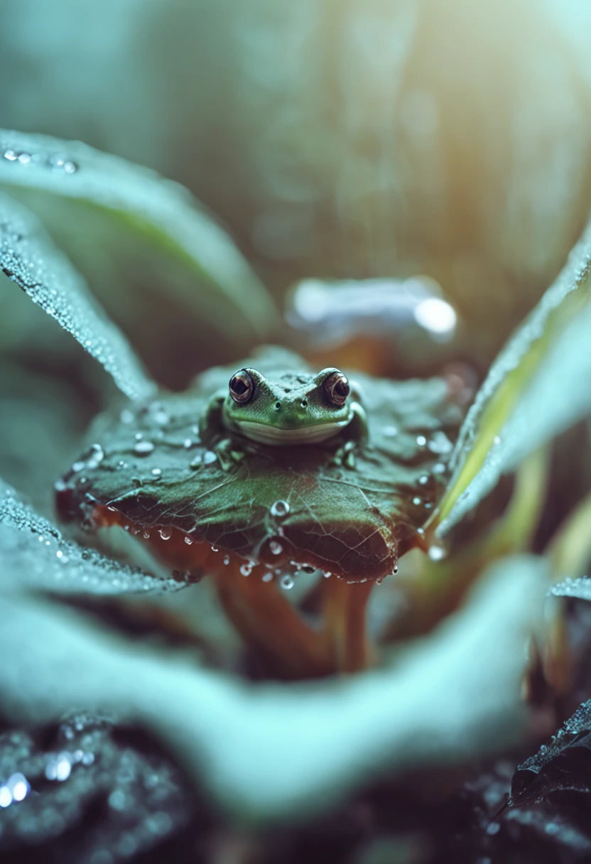 microcosm , Masterpiece , macro photography , cobweb, filmgrain, Bokeh , Smoke , Highly detailed, Sunny Sunny weather, Microflower, The drops, bblurry, Close up of 1 realistic frog sitting on a lotus leaf:1.5, Azure background, subdued contrasts, rendering by octane , illusory engine