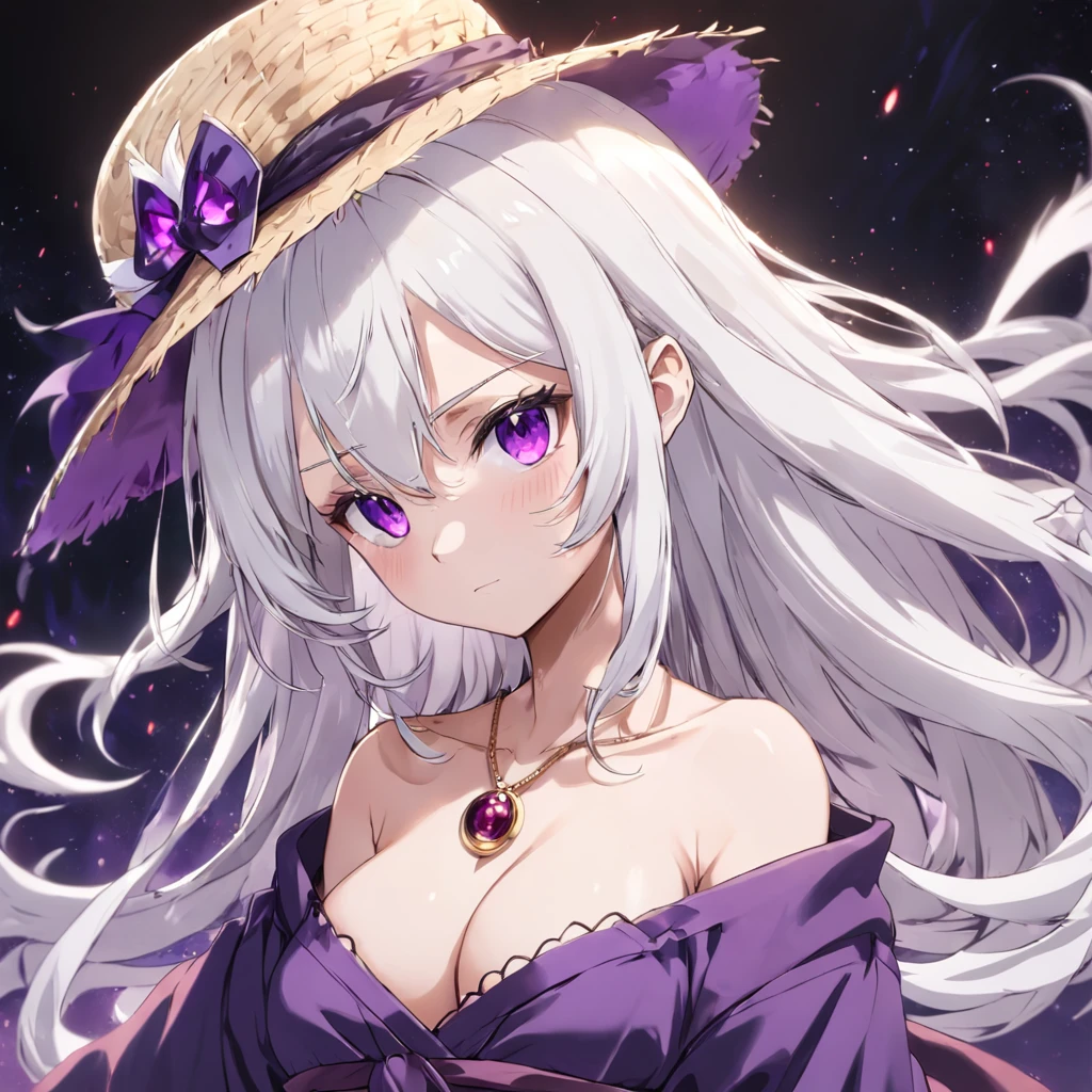 White hair，Purple robe，White pupils，Straw Hat Hat，Dark background,，Tsundere Girl，anime big breast，Purple gemstone necklace