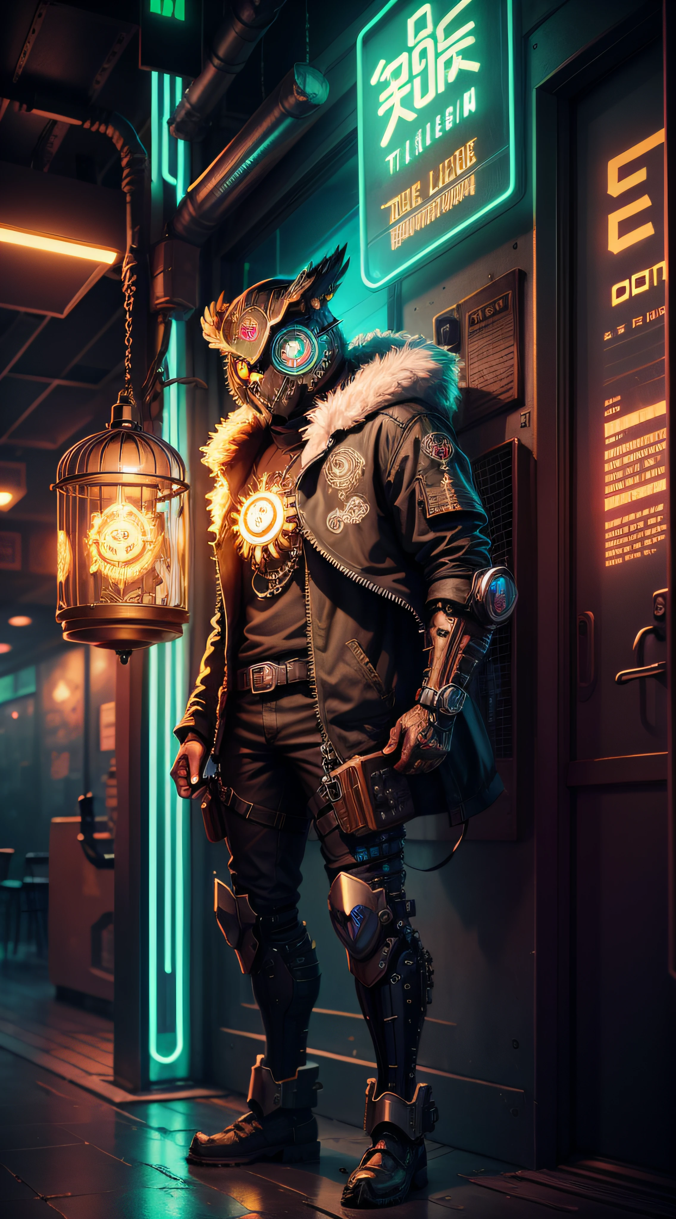 A cyborg steampunk owl,In a cage under neon lights。