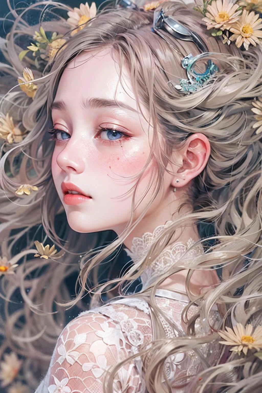 masterpiece，Basic Quality，realistically，官方Art，Very detailed，masterpiece，best quality，（Very detailed的CG统一8k壁纸），（best quality），（Best Illustration），（best shadow），Very detailed的图片，（8k，best quality），A girl painted a watercolor flower painting on the wall， Come to your senses, Art, watercolour painting style,4K