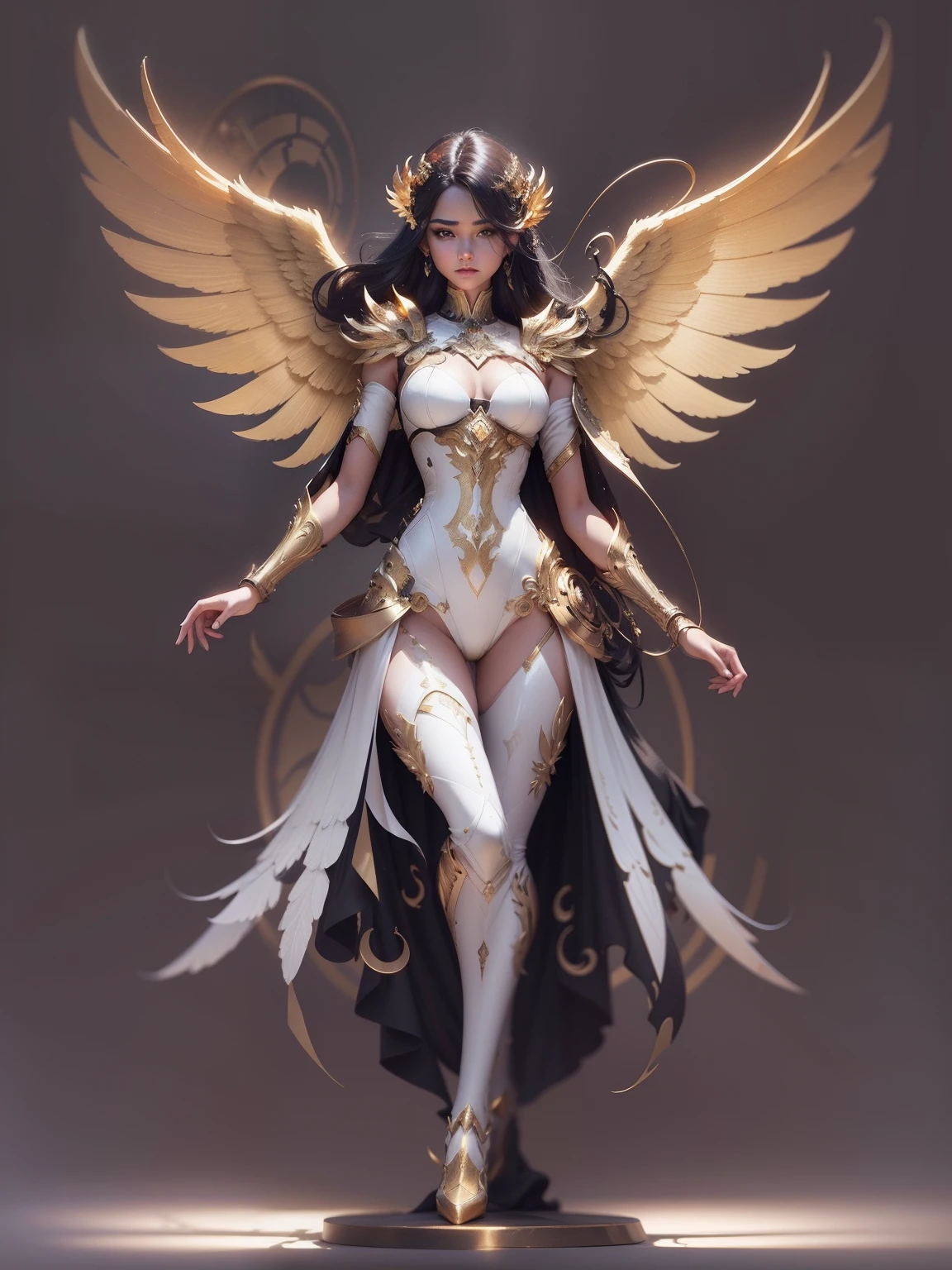 ：Mechanical style，golden theme，（1 mechanical female angel，anatomy correct，full bodyesbian，Golden wings，standing on your feet，circular base），Black and white background，（3Drenderingof，best qualtiy，the detail，tmasterpiece，Social art，Cinematic lighting effects，4K，Chiaroscuro）