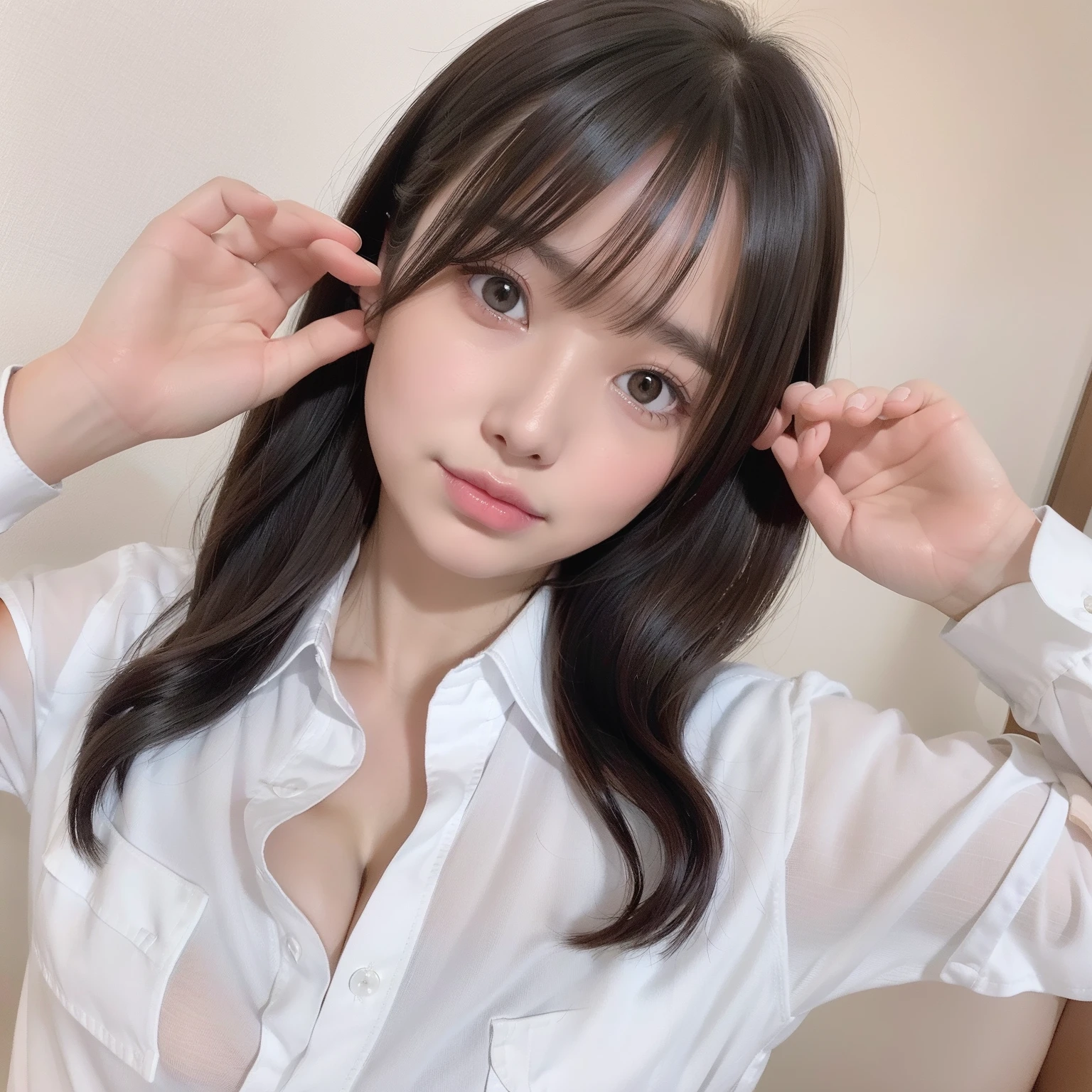 qulity, A hyper-realistic, (realisitic:1.3)、top-quality、超A high resolution、SLR、Instagram、Very delicate、Look at viewers、Japan 1 woman(A dark-haired、shorth hair、Black eye、、Colossal tits、adolable)、Smooth skin、 (touch hair:1.4)、nogizaka、cute little、Supple fingertips、Well-formed fingertips、(Do not wear underwear、Unbuttoning and wearing a white shirt)、Close-up photo of the chest、