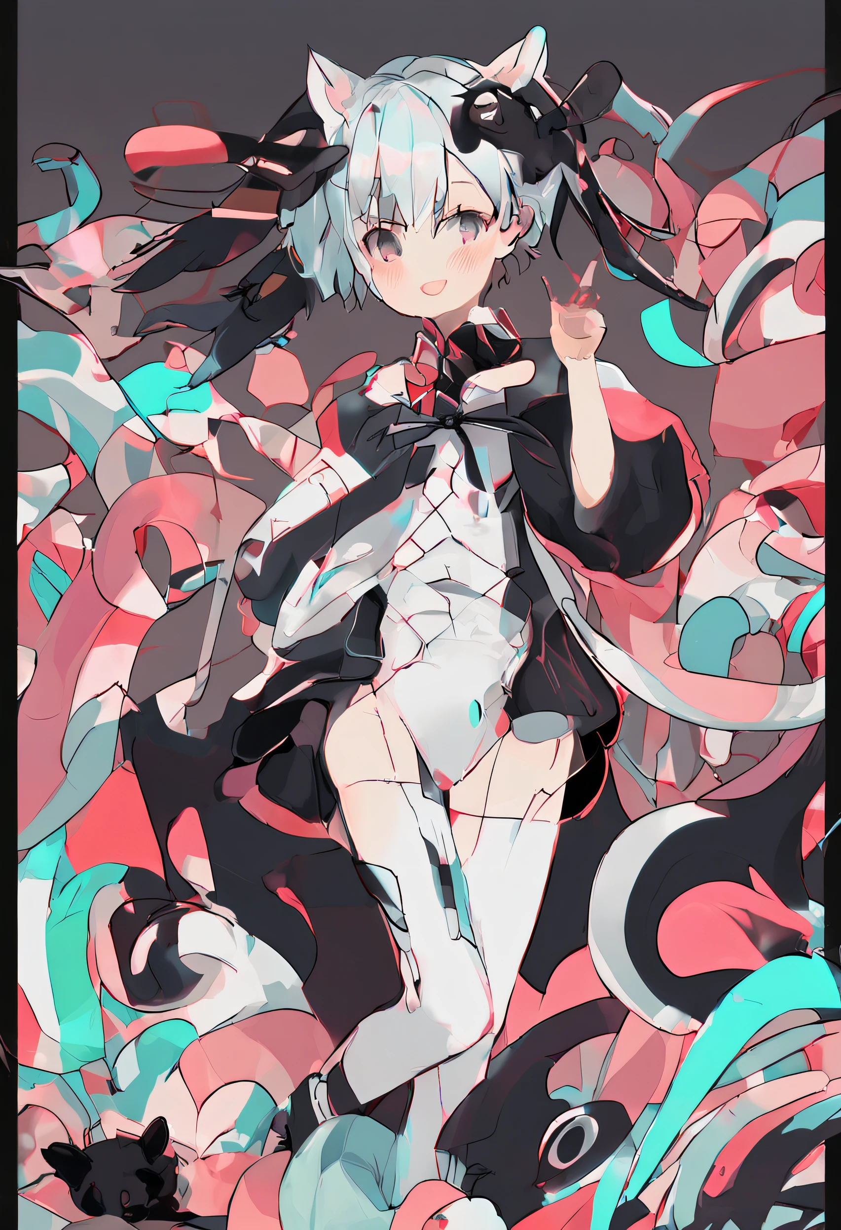 black hair, hair bobbles, wince, longeyelashes, solid circle eyes, fake animal ears, light smile, ear blush, fang, Long legs, Carry a gun, Surrealism, drop shadow, anaglyph, stereogram, tachi-e, pov, atmospheric perspective, 8k, super detail, ccurate, best quality