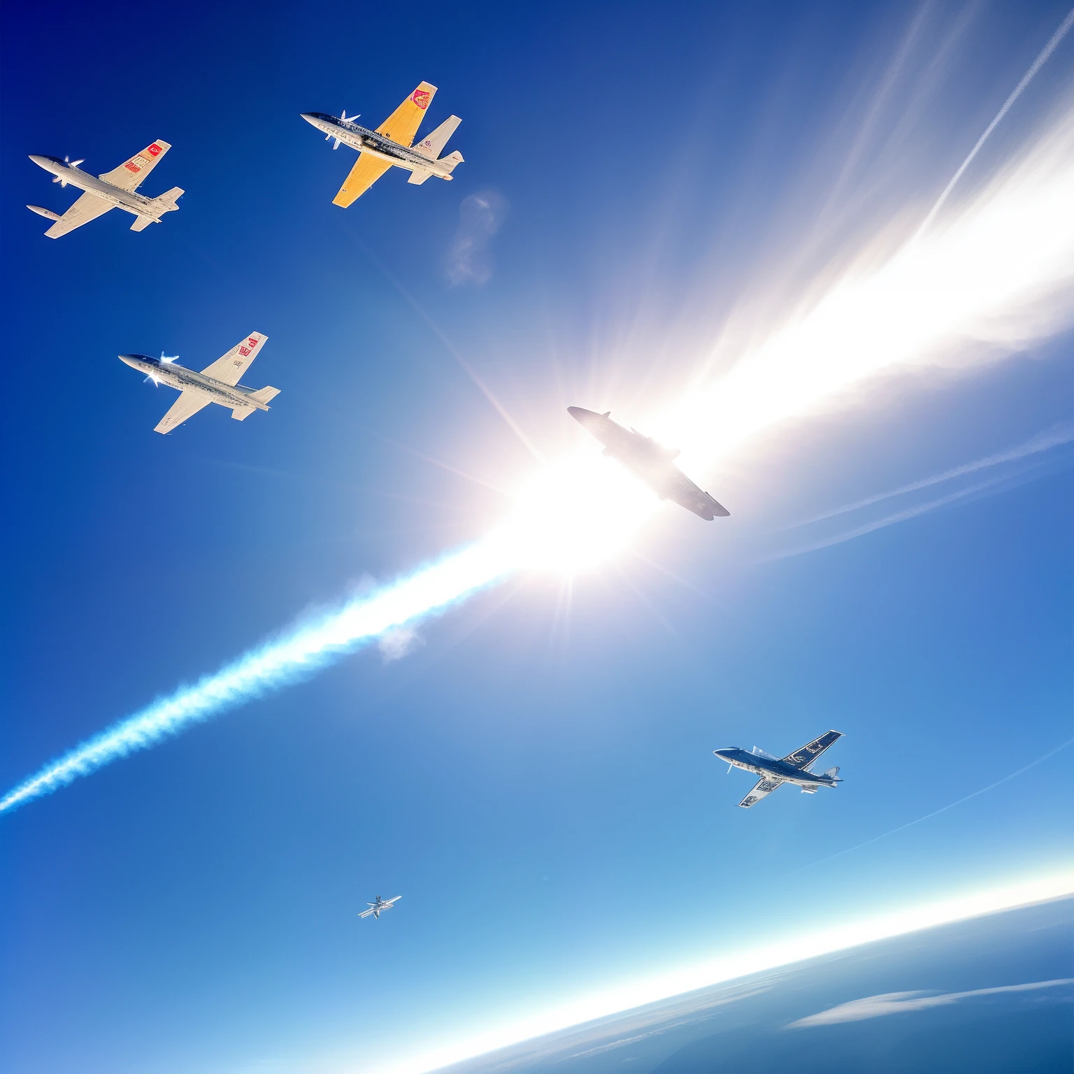 Aerodynamic shape with extremely high-tech content,Three sci-fi fighters of different shapes fly in the troposphere,The cloud emitted by the trigger sprays backwards,Mach rings are faintly visible