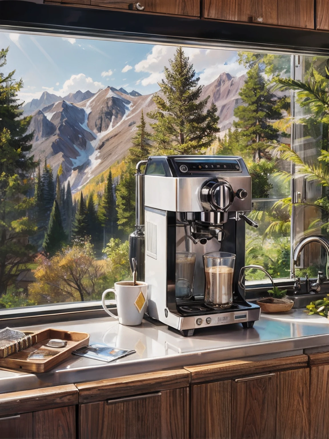 coffee machine in kitchen, mountains outside window