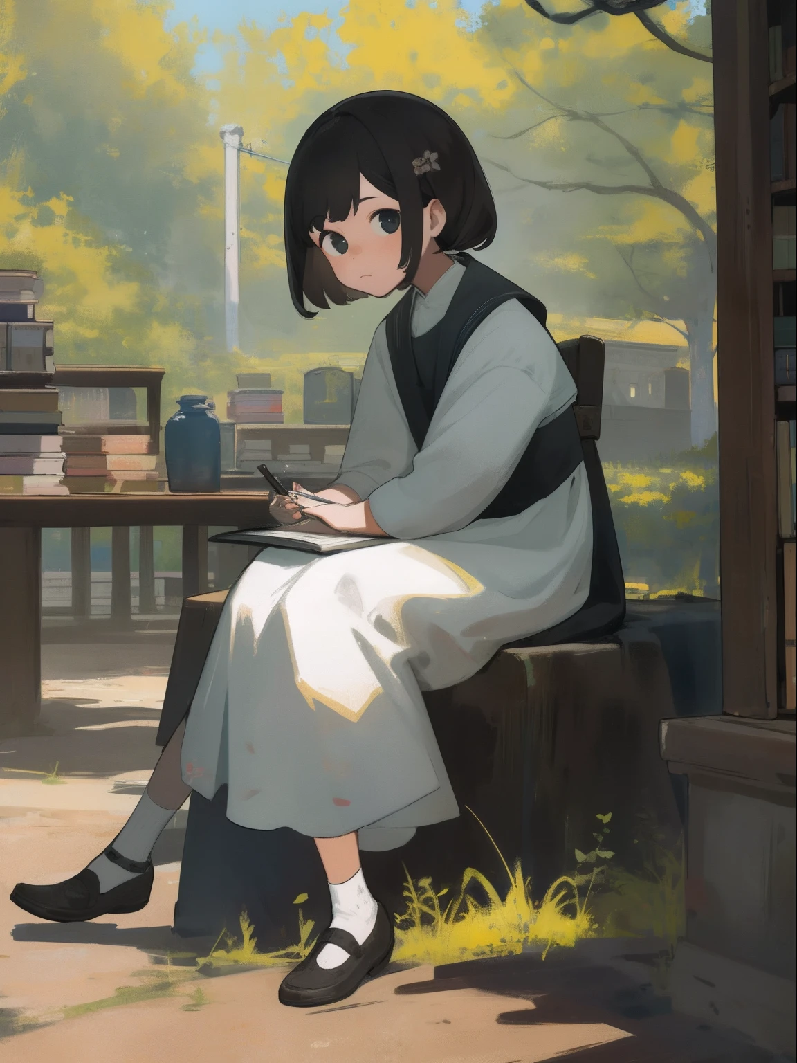 masterpiece, top-quality, 1girl in, The upper part of the body, sitting on, sweeping bangs, shorth hair, , A dark-haired, doress, frilld, plein air,bookstore、The viewer is the viewer's gaze