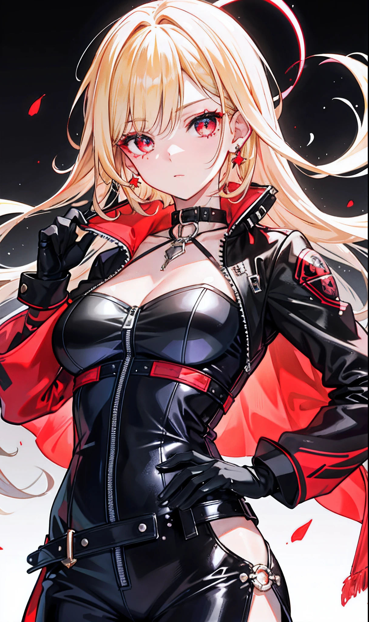 1girl, blonde hair, solo, long hair, red eyes, gloves, multicolored hair, looking at viewer, black gloves, red hair, red background, streaked hair, red lips, upper body, bangs,red theme,bad-girl, large breasts,shiny skin,(mature female),standing, from below, devious, smirk, seductive