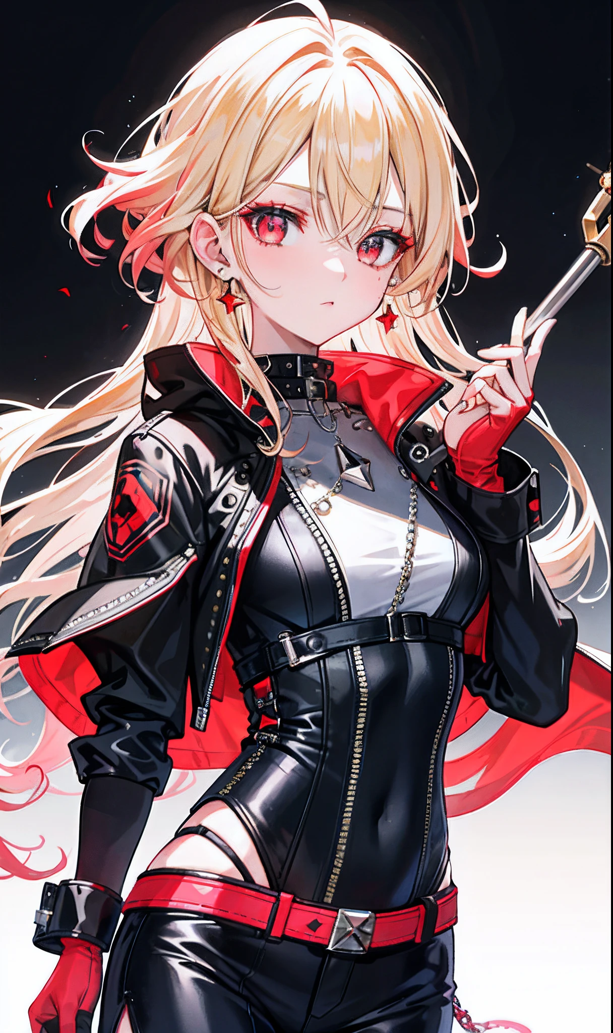 masterpiece, best quality, highres, 1girl, vivio1, heterochromia, ribbon, gloves, large breasts, ahoge, black_bodysuit, black jacket, upper body, evil smile, pointing at viewer,