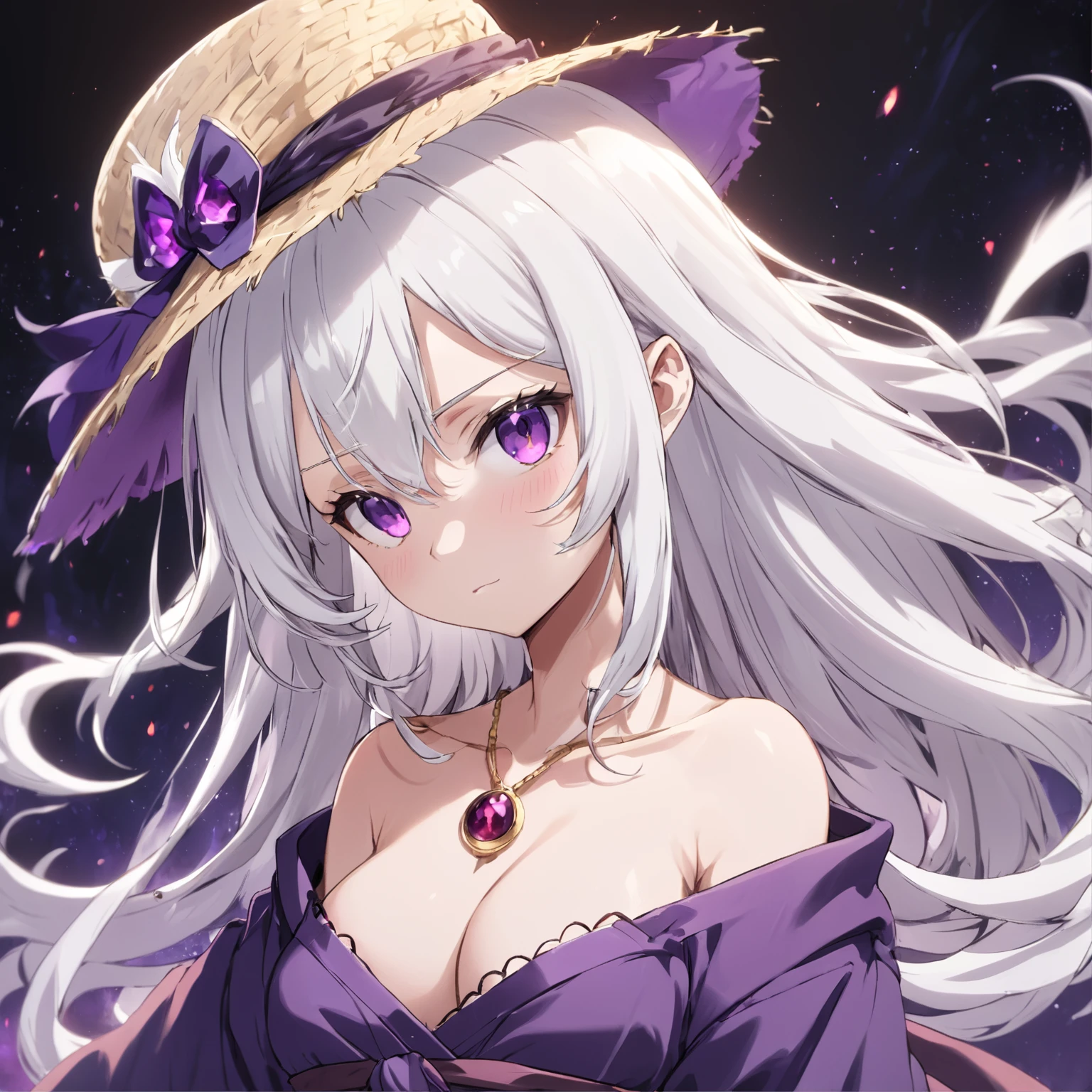 White hair,Purple robe,White pupils,Straw Hat Hat,Dark background,,Tsundere Girl,anime big breast,Purple gemstone necklace