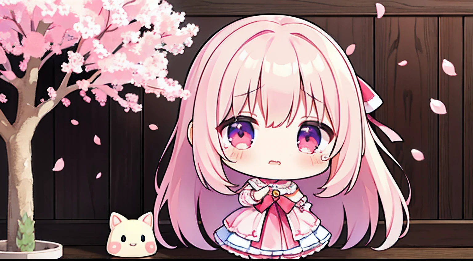 photoRealstic、Doll standing in front of the painting、bionde、Face crying while laughing、Tears on the cheeks、closing eye、Sengai、pixiv、rokoko、dollfie dream、watercolor Nendoroid、(High Definition Figure)、flowing sakura-colored silk、nendroid、bustup、Cherry blossom petals、Flowing cherry blossom silk、season!!: 🌸 ☀ 🍂 ❄