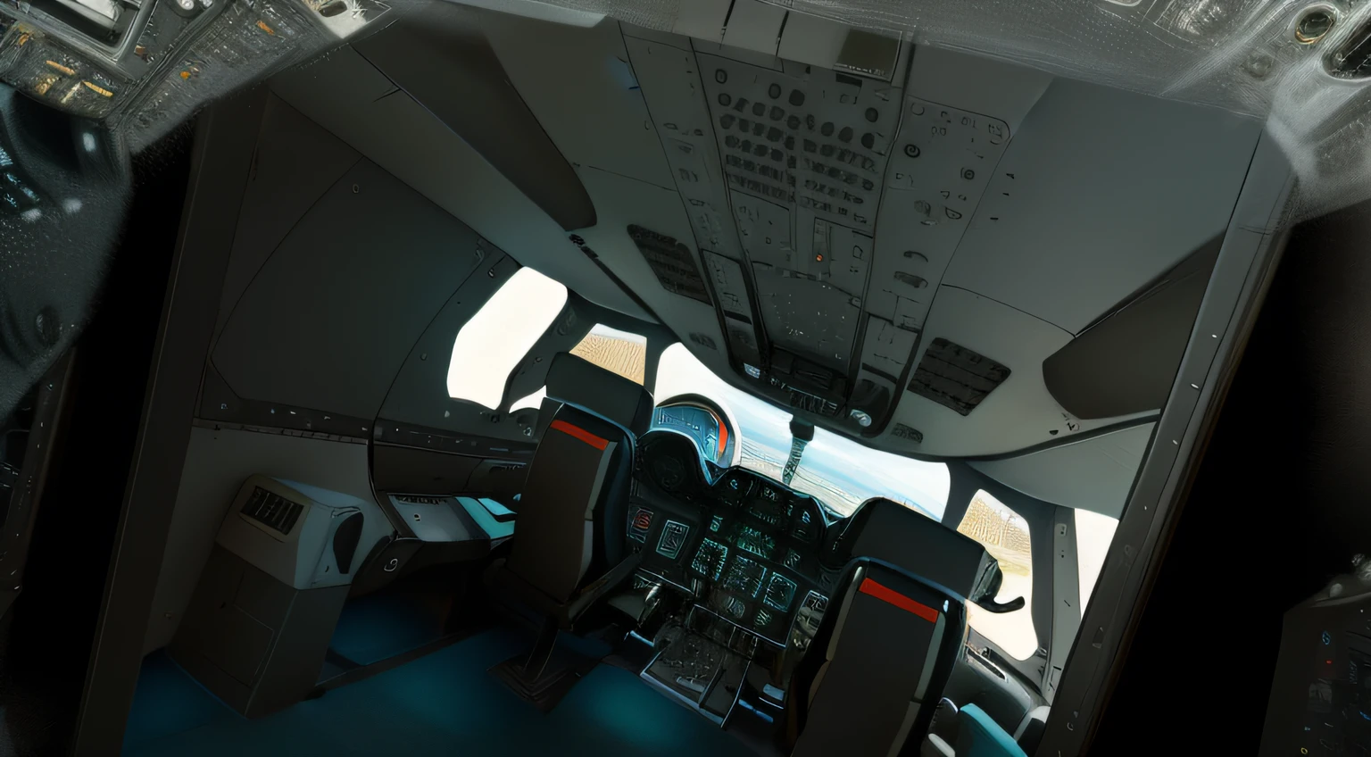 In the cockpit of the aircraft, first person perspective, Detailed interior of the aircraft, Cockpit view, Screenshots of internal gameplay, First-person screenshot, high definition detail, Interior of the submarine of the future, The interior environment is realistic, The cockpit interior is rich in detail, Feel like you're there, The game is beautifully graphic