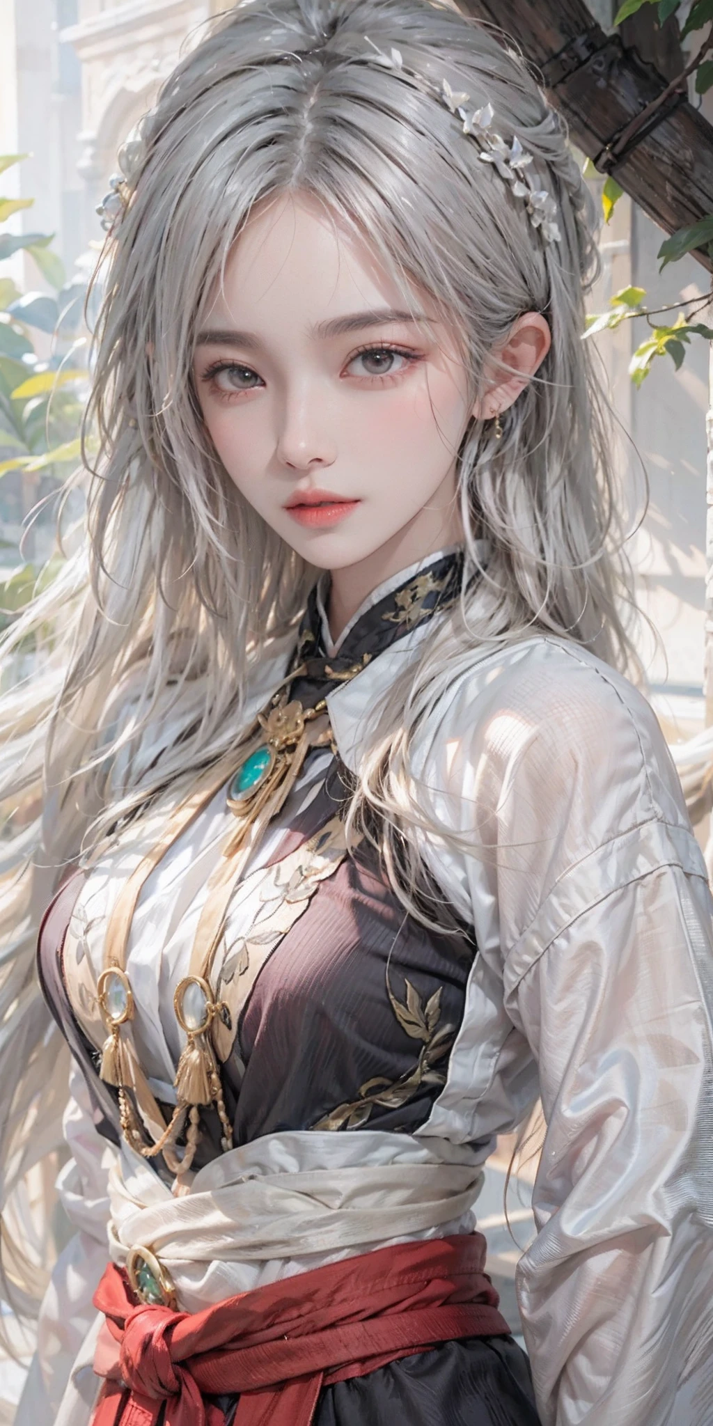 photorealistic, high resolution, soft light,1women, solo, hips up, shinning skin, (detailed face), jewelry, hanfu, kungfu style, white hair