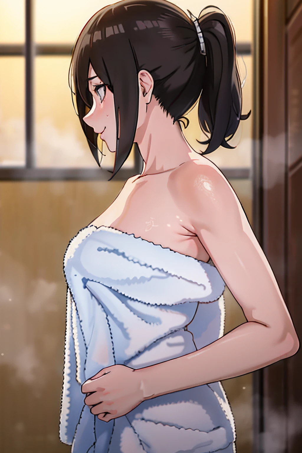 cowboy shot,1girl, 　 pretty girl　brown hair, naked towel,onsen　hot spring