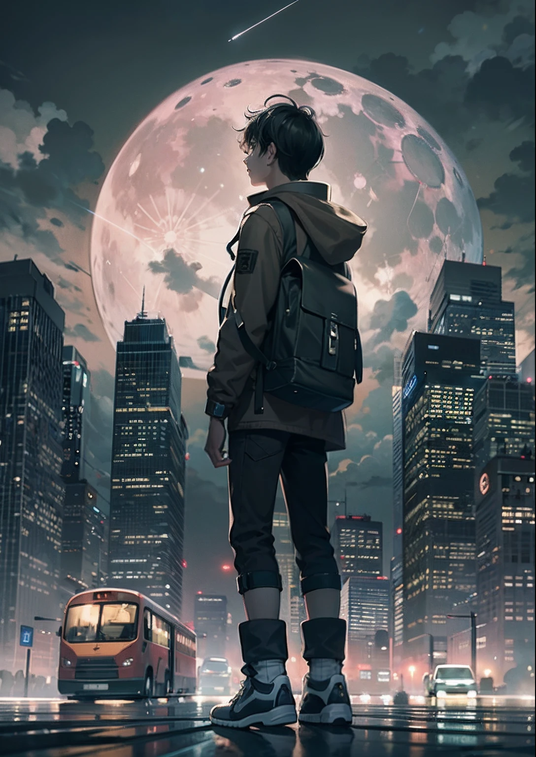 1boy, arms folded、vests、full body shot of、The beginning of the adventure、Very dark sky、Lots of clouds,dense fog、large moon,future、dystopian、A group of very tall skyscrapers stands in the center、High brightness radio tower、Crowded skyscrapers、Signs、the street lights、taxis、the bus、Train、Fairly dim lighting、The Dark Road、Puddles、high high quality、masutepiece,8K,