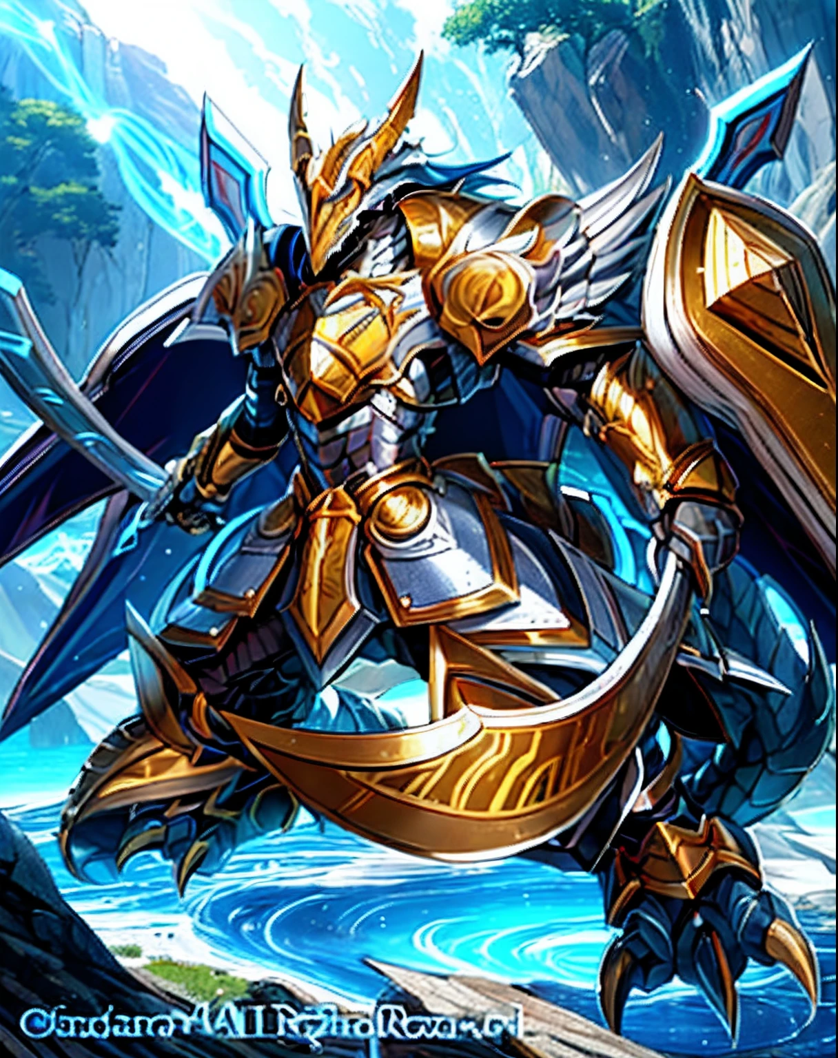 Un primer plano de un personaje de dibujos animados con una espada y una armadura, dragon ancient full plate armor, dragon knight, draconic looking armor, dragon armor, con armadura de aspecto escamoso, dragon inspired blue armor, en armadura de cazador de monstruos, Armadura de placa brillante, Armadura inspirada en dragones, Golden Paladin, Epic Paladin Armor, Armadura dorada brillante, Armadura brillante dorada y cobriza