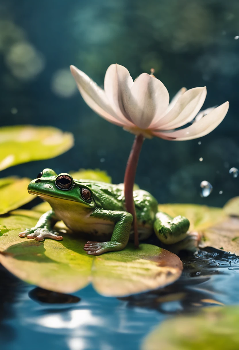 microcosm , Masterpiece , macro photography , cobweb, filmgrain, Bokeh , Smoke , Highly detailed, Sunny Sunny weather, Microflower, The drops, bblurry, （1 realistic frog sitting on a lotus leaf，Looking at 1 swan next to it）， Azure background, subdued contrasts, rendering by octane , illusory engine
