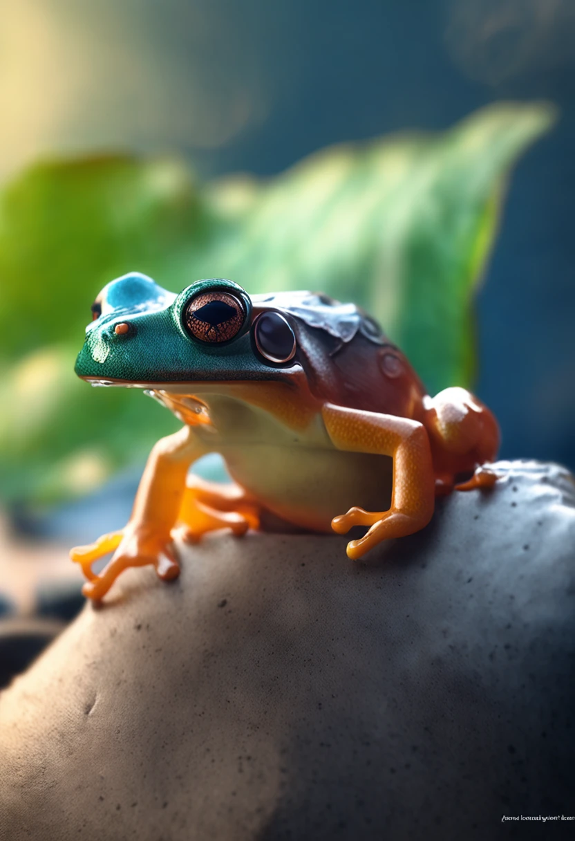 microcosm , Masterpiece , macro photography , cobweb, filmgrain, Bokeh , Smoke , Highly detailed, Sunny Sunny weather, Microflower, The drops, bblurry, (1 realistic frog sitting on a lotus leaf,Looking at 1 swan next to it), Azure background, subdued contrasts, rendering by octane , illusory engine