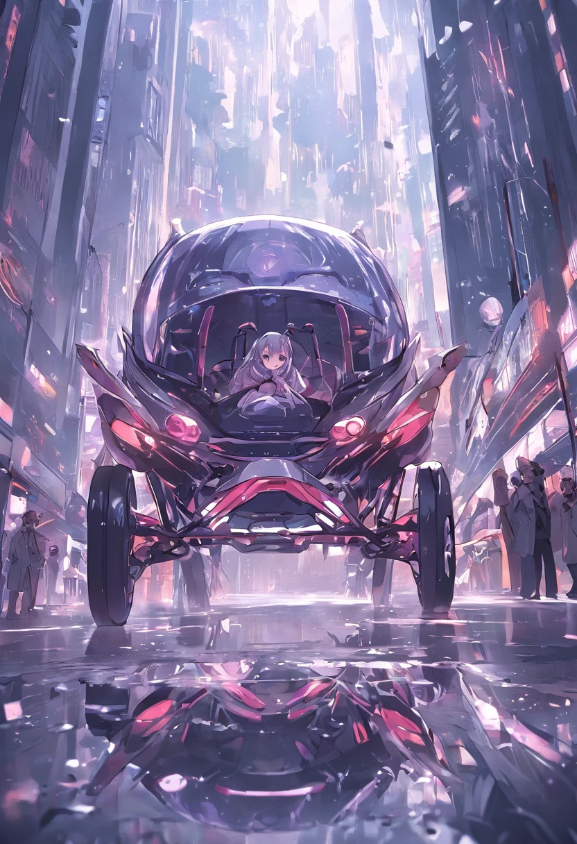 Mirrored silver buggy in the city，frontage，Cyberpunk style，Gorgeous background