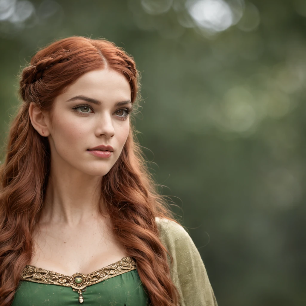 Uma bela Elfa ruiva, her hair parted into braids falling under her bust, seus olhos verdes e brilhantes como a mais bela esmeralda. Seu aspecto era jovial, se fosse humana aparentaria ter pouco mais do que vinte anos, But elven longevity was known to hide the real age of his race. Apesar de sua beleza, ela aparentava uma guerreira habilidosa, Athletic era, trajava uma armadura de escamas, carregava nas costas um escudo e um machado de guerra. His face conveyed the aspect of one who had had many experiences in the past.
