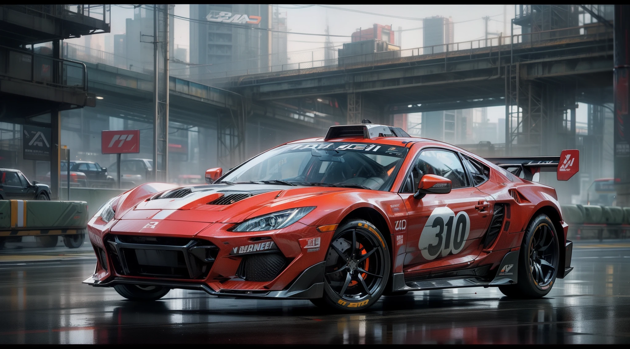 Background song，cyber punk style， 3D rendered character art 8 K, Sports racing，Sci-fi racing，White cool sports car racing