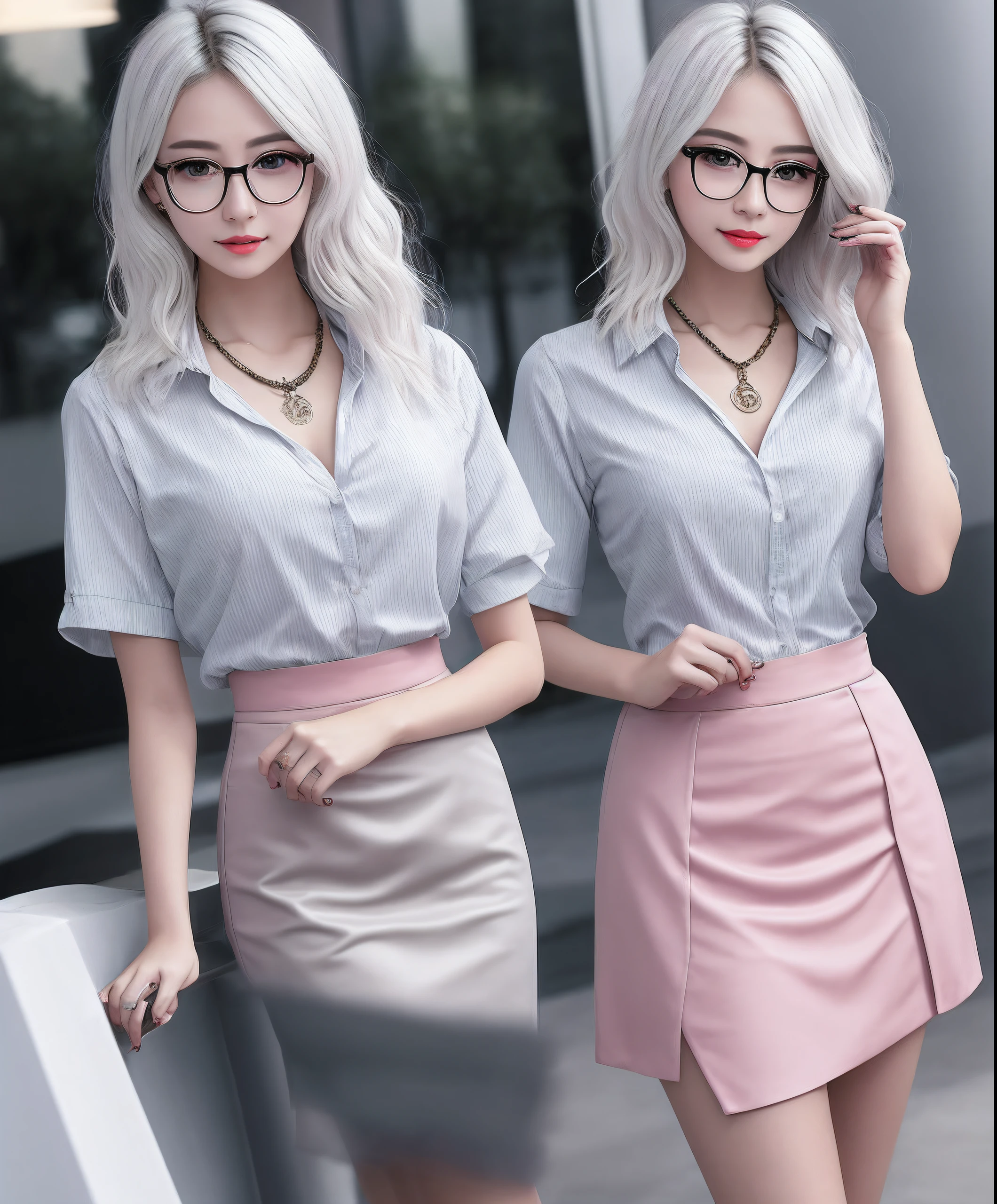 Top image quality、RAW photography、超A high resolution、18-year-old Korean、Glasses Beauty、Colossal tits:1.3、nedium breasts:1.5、White show-off dress shirt、Skinny sheer shirt、Dress miniskirt、White skin of the、Shiny white skin、(Shortwave hair)、bright silver hair、Bright white hair、beautiful eyes of random colors、Very thin lips、Beautiful eyes finely detailed、Elongated eyes、pale pink blush、long eyelasher、beautiful double eyelid、eye shadows、a necklace、耳Nipple Ring、corporate offices、Fashionable glasses、Lighting that emphasizes beautiful skin、(skirt rift、Skirt tag)