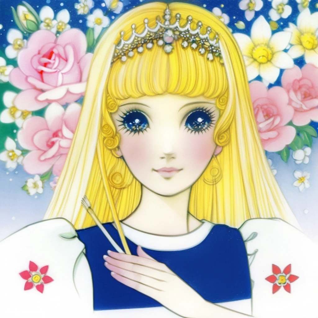 downy，1980 anime，Retro anime，Rumiko Takahashi，Kizi，blond hairbl，gentleness，Brush strokes，Flowers，offcial dress，A princess