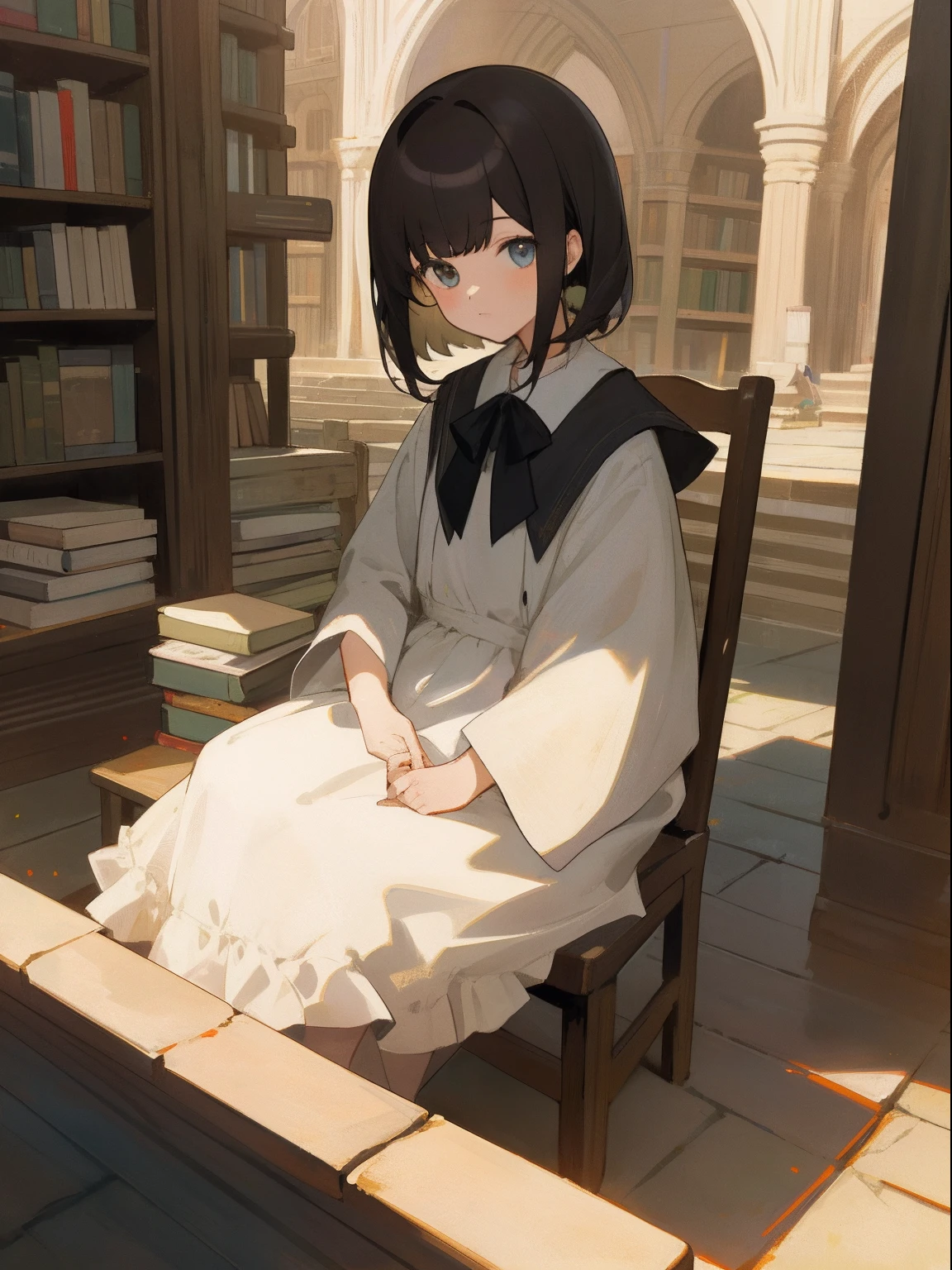 ​masterpiece, top-quality, 1girl in, The upper part of the body, sitting on, sweeping bangs, shorth hair, , A dark-haired, doress, frilld, plein air,bookstore、The viewer is the viewer's gaze