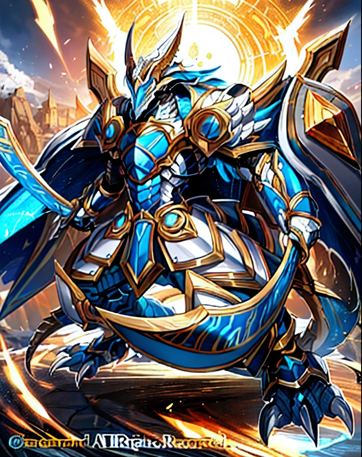 Un primer plano de un personaje de dibujos animados con una espada y una armadura, dragon ancient full plate armor, dragon knight, draconic looking armor, dragon armor, con armadura de aspecto escamoso, dragon inspired blue armor, en armadura de cazador de monstruos, Armadura de placa brillante, Armadura inspirada en dragones, Golden Paladin, Epic Paladin Armor, Armadura dorada brillante, Armadura brillante dorada y cobriza
