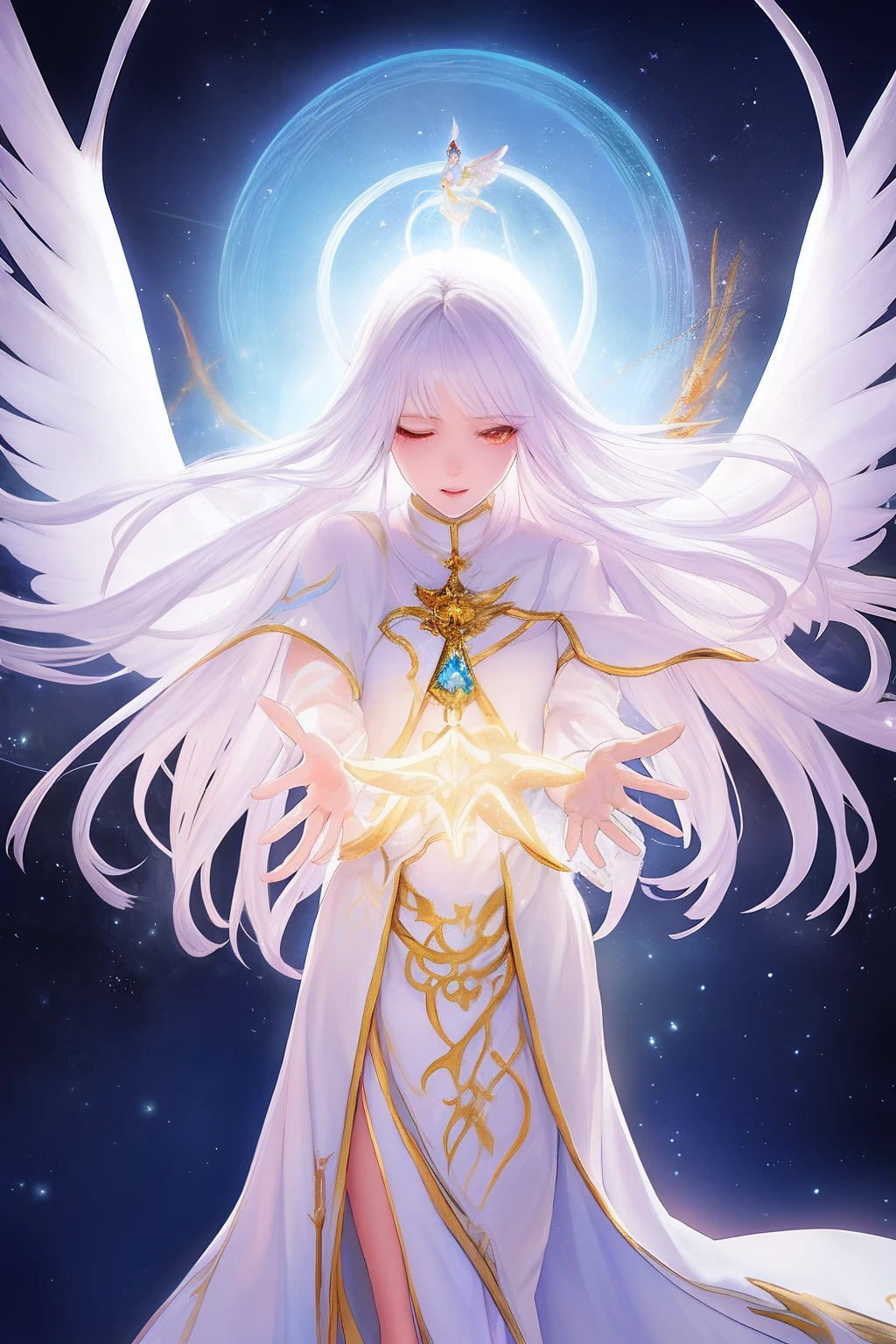 photorealistic photo, beautiful magical girl, tzeentch, white fairy shirt with gold trim, white robe fluttering in the wind, long white hair, fully clothed, perfect face, beautiful, (perfect composition: 1. 4), detailed face and body, award-winning photography , fields, detailed face, detailed hands, lighting, intense gaze, looking at the viewer, cinematic lighting, embers, fantasy background, action pose, arms raised 90 degrees, holding a small wand, water splashes, foggy haze, happy, holy maiden, saint, faux traditional media, praying, palms folded, perfect hands