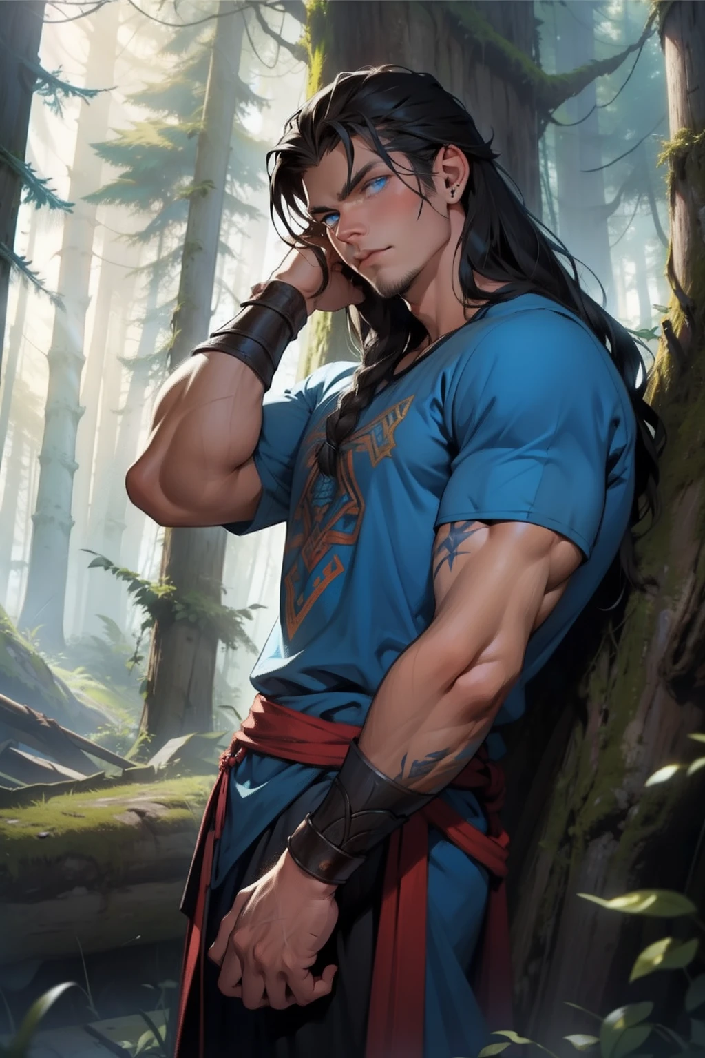 Berserker Boy. Viking Boy. Blue Eyes. Dark Hair. Medieval art. Long Hair. no tshirt. in the forest