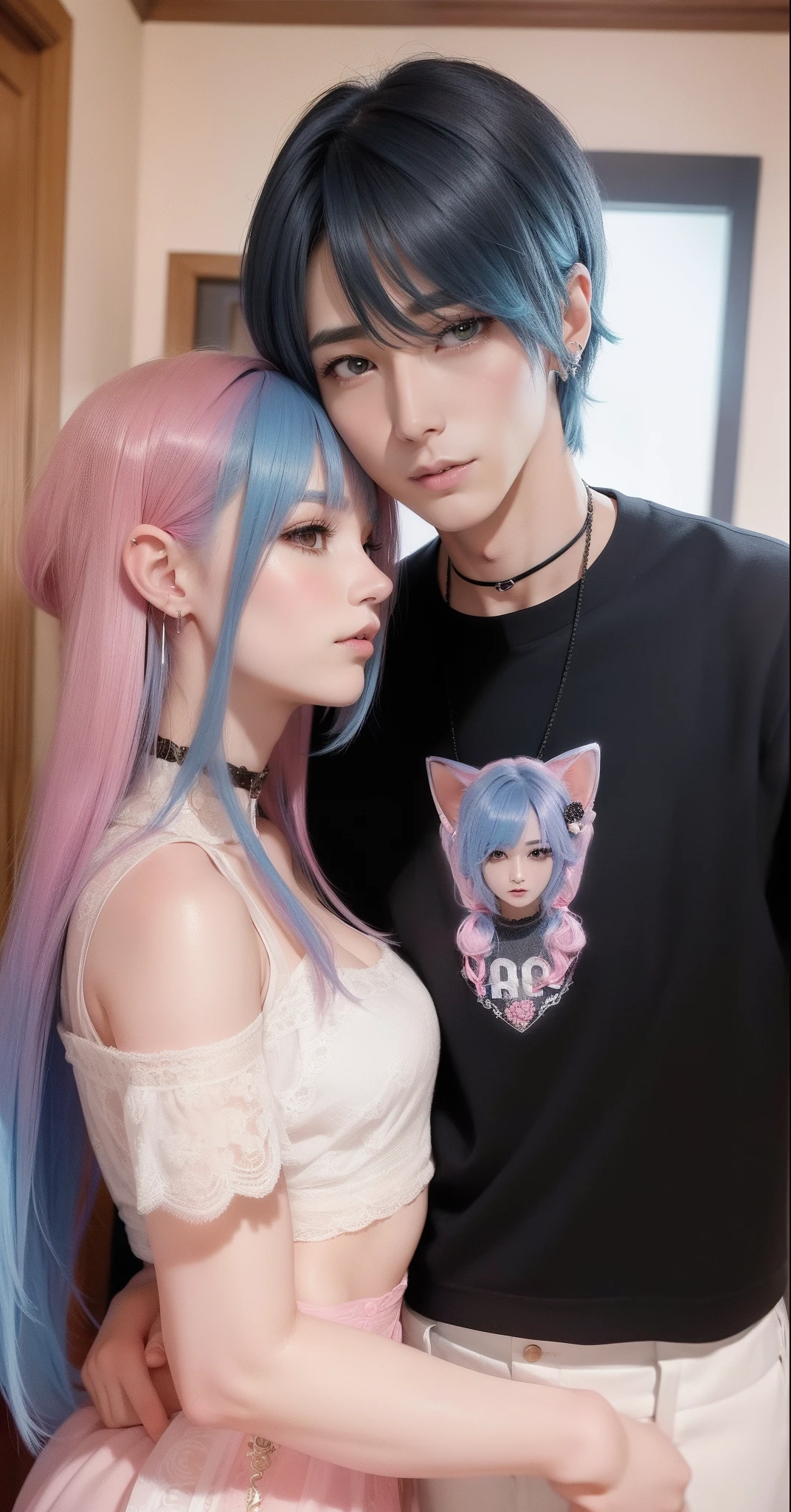 Male and female couples, Idol couple, Idol Photos, Magazine covers, Photos of actors, Professional Photos, Height difference, tall, Happiness, youthfulness, lovey-dovey, Deep kiss, Juice dripping from the mouth, extra detailed face, detailed punk hair, very detailed character, inspired by Sim Sa-jeong, single realistic face, Cai Xukun's, detailed realistic faces, highly detailed realistic face, high detailed face anime, realistic detailed face, Accurate detailed face, attractive androgynous humanoid, Black Casual Idol Costume, ((Man with light blue hair)), ((Woman with pink hair)), ((Woman with long hair below waist)), ((Man with short hair over ears)), ((Pink hair woman with gentle expression)), ((Man with light blue hair with wild expression)), high-level image quality, ​masterpiece, Photographed so that the whole body can be seen, Photographed to make clothes look beautiful, Take your eyes off, ((two individuals)), ((Woman hugging man from behind)), ((Cat girlfriend and dog boyfriend))