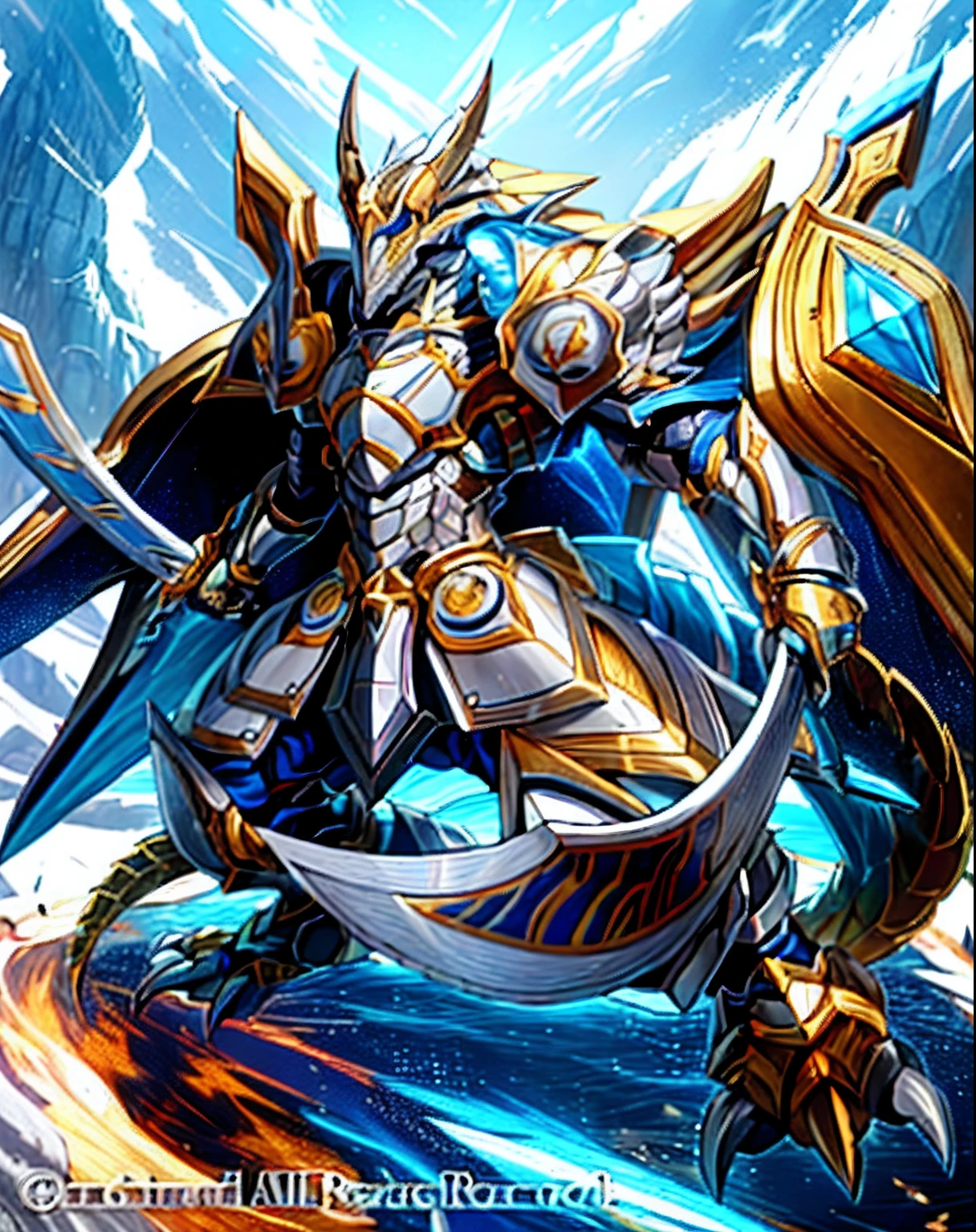 Un primer plano de un personaje de dibujos animados con una espada y una armadura, dragon ancient full plate armor, dragon knight, draconic looking armor, dragon armor, con armadura de aspecto escamoso, dragon inspired blue armor, en armadura de cazador de monstruos, Armadura de placa brillante, Armadura inspirada en dragones, Golden Paladin, Epic Paladin Armor, Armadura dorada brillante, Armadura brillante dorada y cobriza