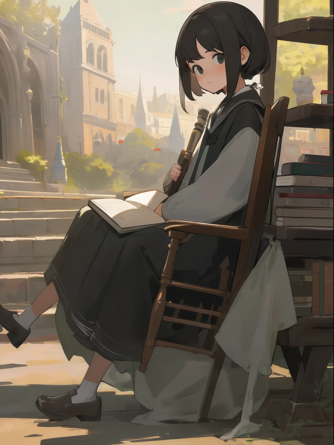 ​masterpiece, top-quality, 1girl in, The upper part of the body, sitting on, sweeping bangs, shorth hair, , A dark-haired, doress, frilld, plein air,bookstore、The viewer is the viewer's gaze