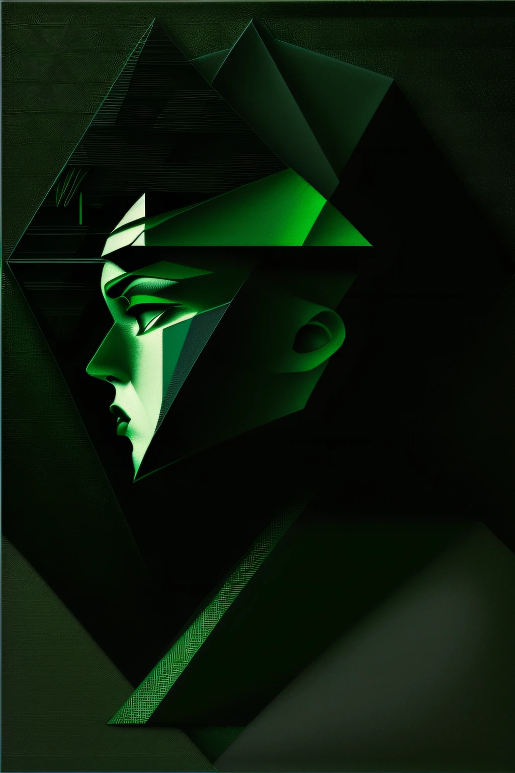 (masterpiece, 4k ,ultra detailed,raw photo:1.2),illustration,
(portrait:1.2),(from side:1.2),(looking right:1.2),
(simple background,black and dark green background1.4),
(art deco:1.4),
(minimalism:1.4),
(clean:1.4),
(flat_color:1.4),
(geometric pattern:1.4),
(triangle:1.5),
CCDDA Artstyle