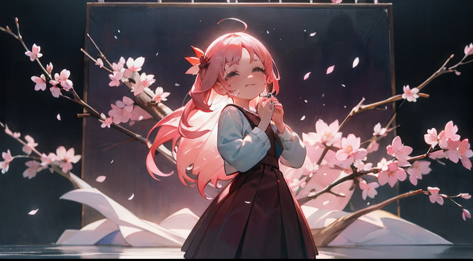 photoRealstic、Doll standing in front of the painting、bionde、Face crying while laughing、Tears on the cheeks、closing eye、Sengai、pixiv、rokoko、dollfie dream、watercolor Nendoroid、(High Definition Figure)、flowing sakura-colored silk、nendroid、bustup、Cherry blossom petals、Flowing cherry blossom silk、season!!: 🌸 ☀ 🍂 ❄