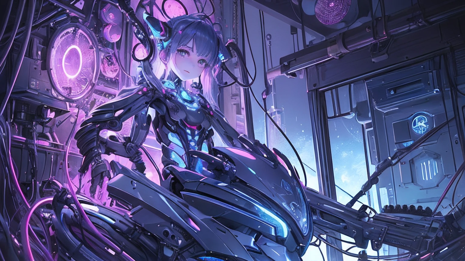 (((masterpiece))), ((best quality)), ((ultra-detailed)), (CG illustration), (an extremely devious and beautiful)), (cute desktop face), cinematic light, ((1 mechanical girl)), blue and purple and pink gradient tones, Equipped with mechanical butterfly wings, beautiful face, face, blue crystal butterfly, Tyndall light, aesthetic light and shadow, single, full body, female perfect body, (machine-made joints: 1.4), ((mechanical limbs)), (blood vessels attached to tubes), ((mechanical spine attached to the back)), ((mechanical cervical vertebrae attached to the neck), ((sitting)), expressionless, (wires and cables attached to the head and body: 1.5), (character focus), science fiction