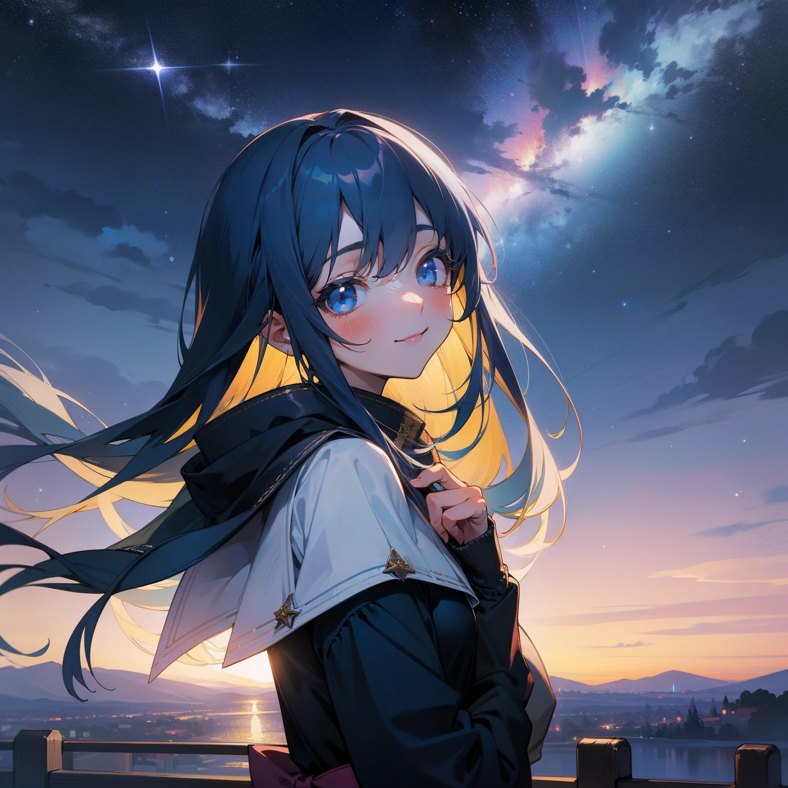 Erotic Shyness A smile girl with View Viewer Midnight Beautiful starry sky